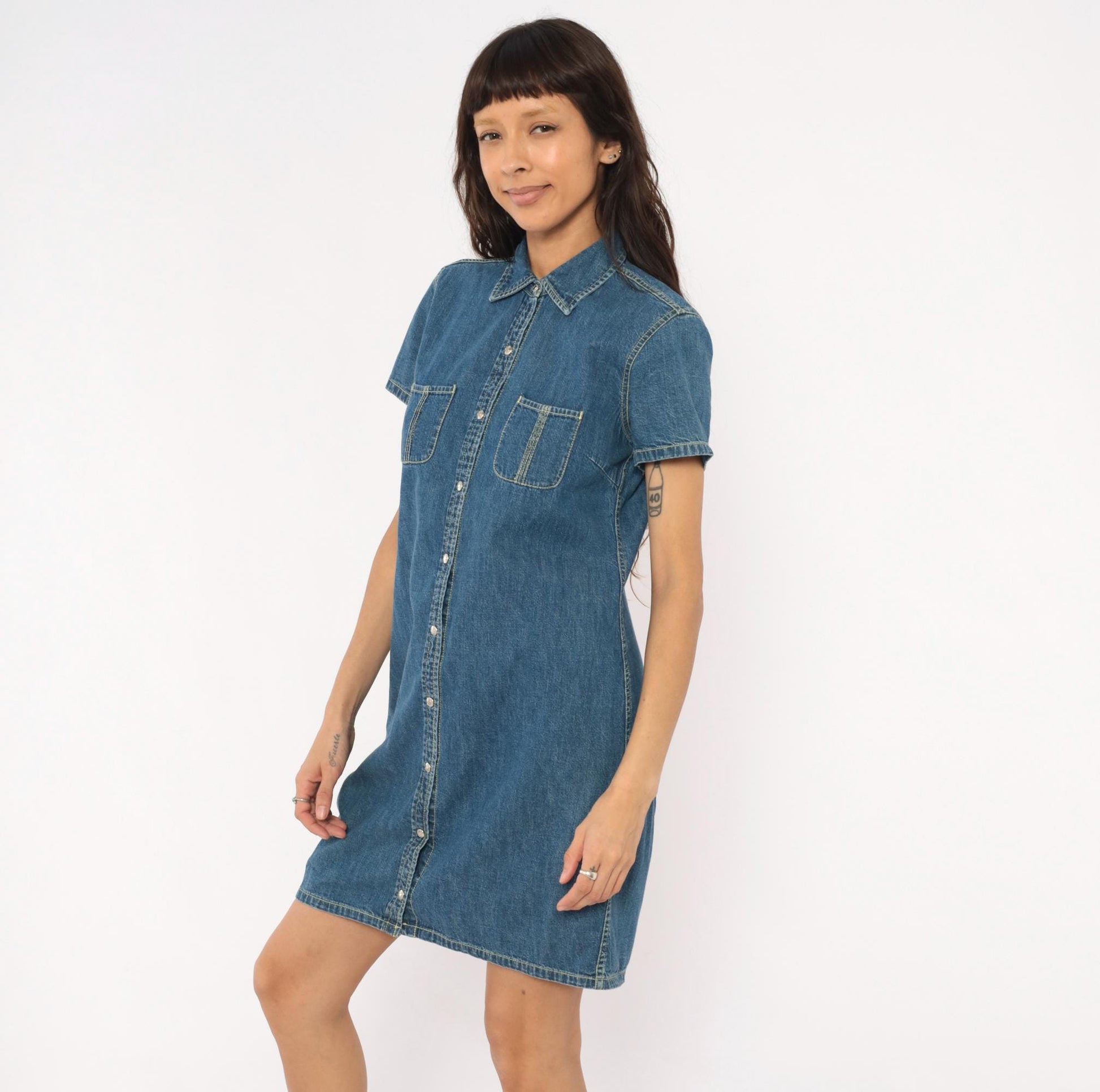 Y2K Tommy Hilfiger Denim Shirt Dress Blue Jean Snap Front Small S