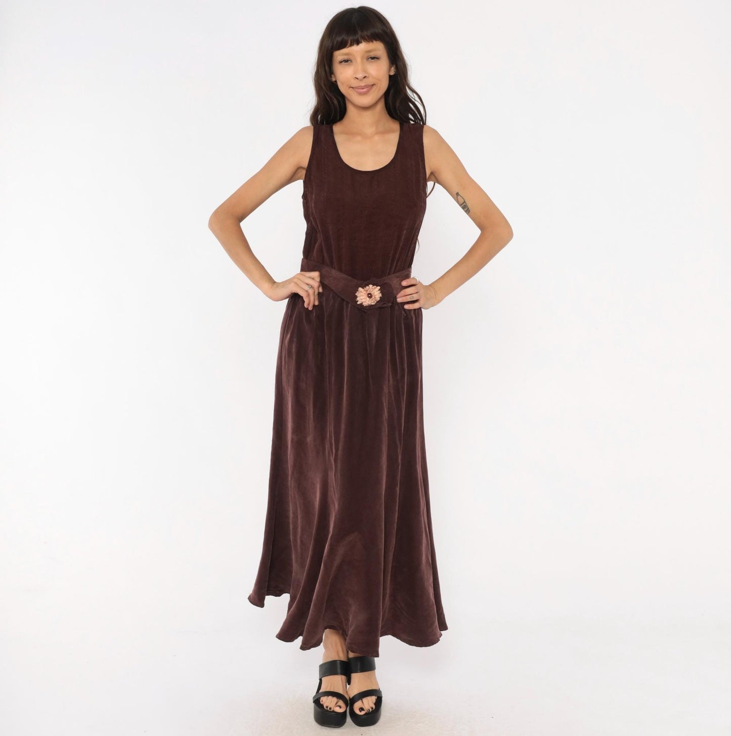 90s Plum Velvet Maxi Dress Sleeveless Scoop Neck Floral Belt Small Medium