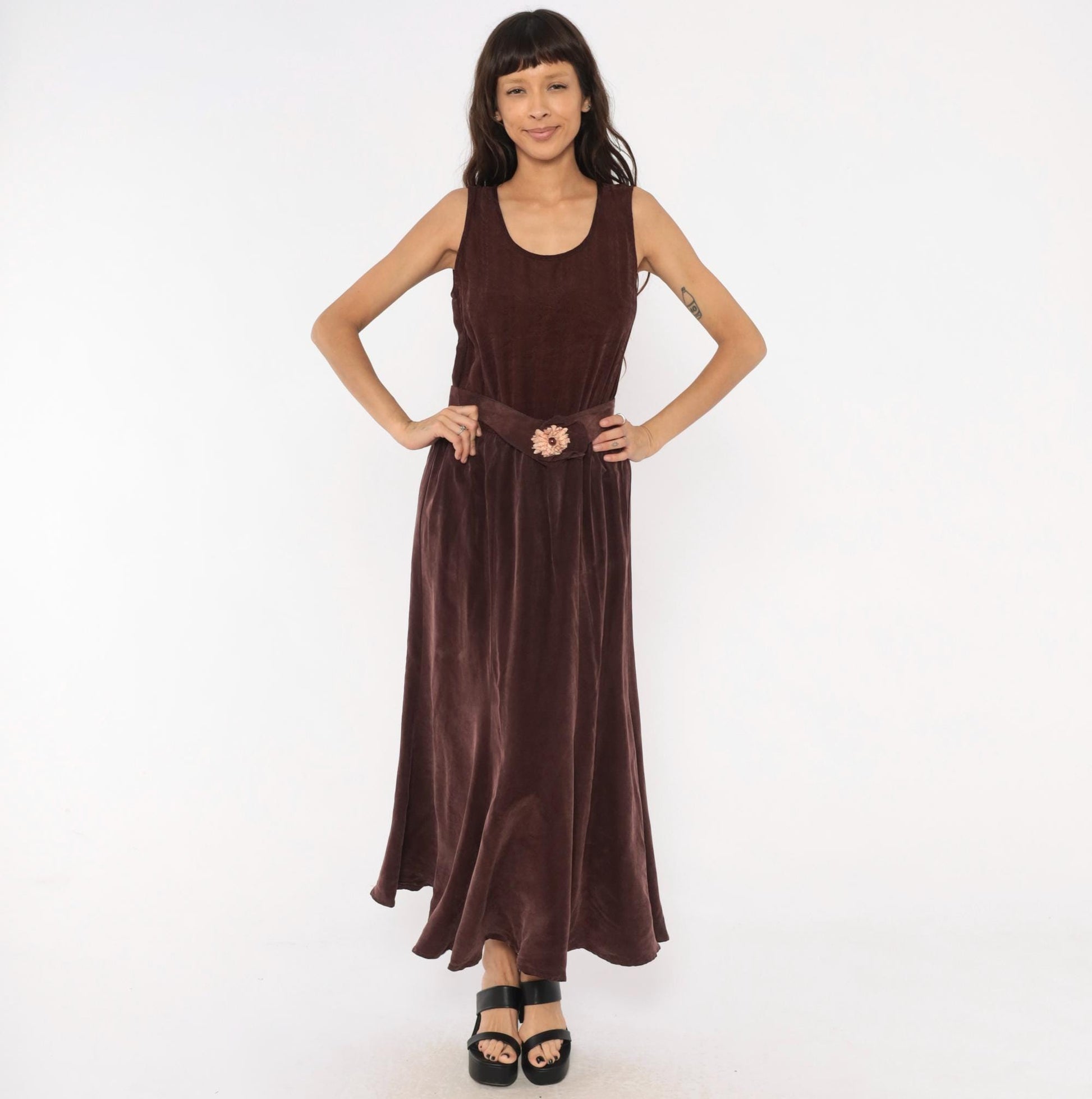 90s Plum Velvet Maxi Dress Sleeveless Scoop Neck Floral Belt Small Medium
