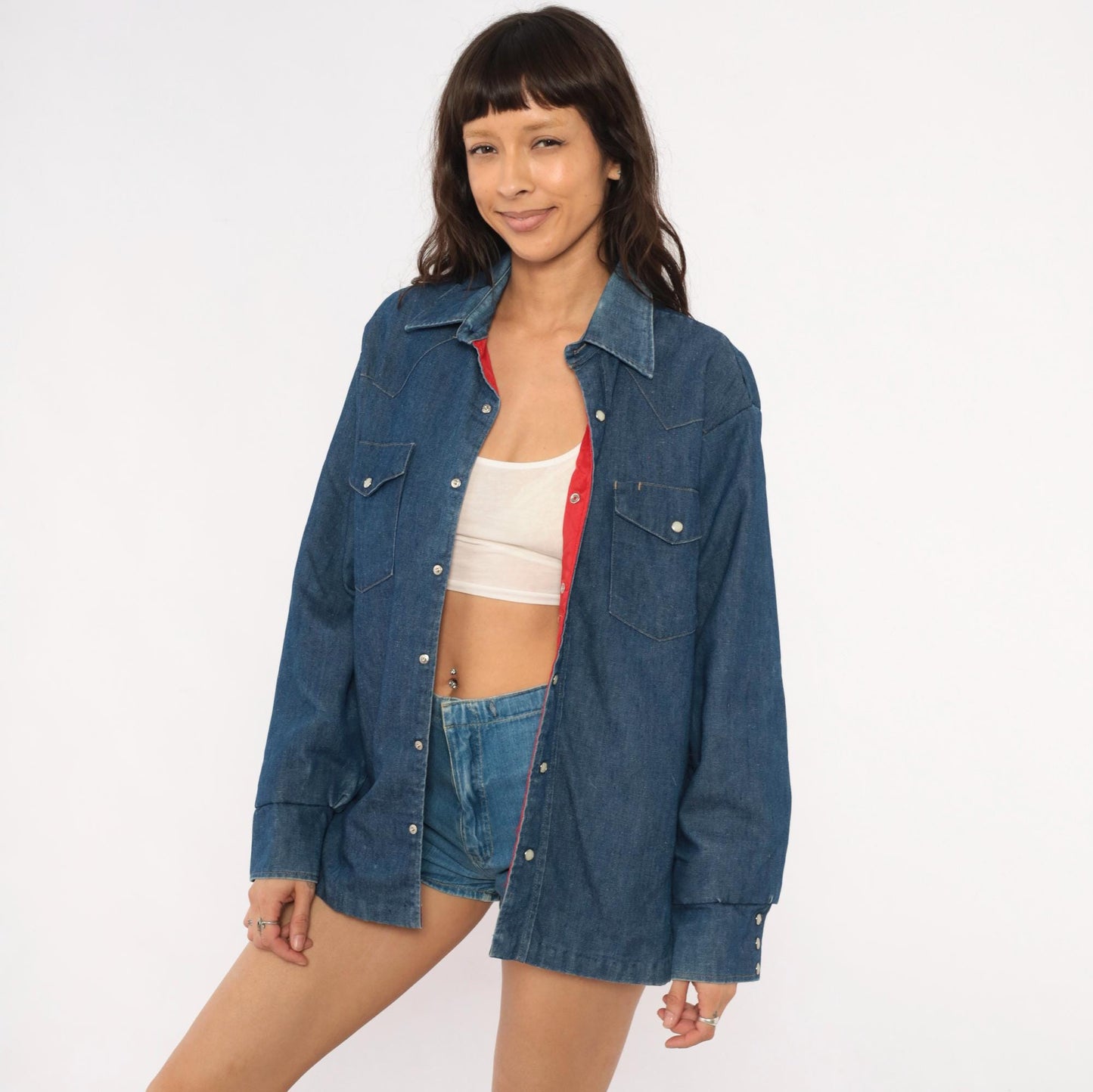 80s JC Penney Western Denim Shirt Cobalt Blue Pearl Snap Yoke Medium