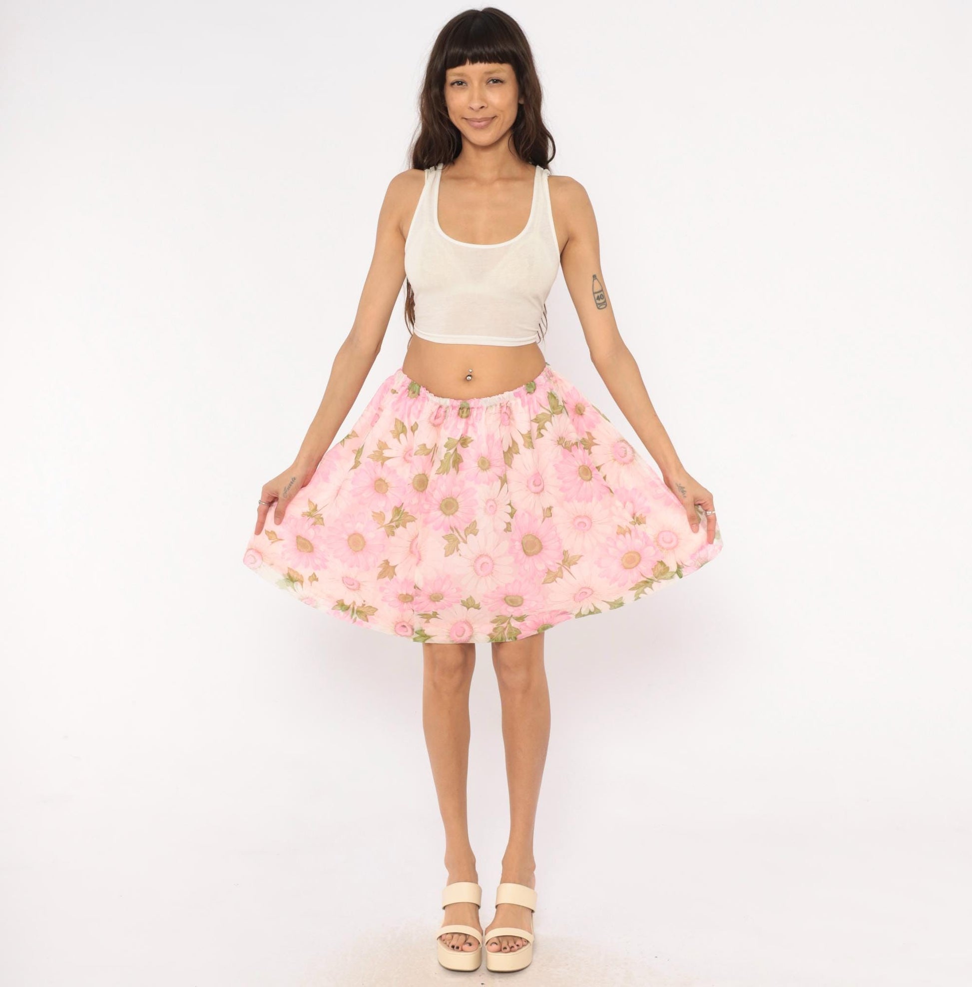 70s Pink Daisy Floral Skirt Gathered Waist A-Line Knee Length Medium Large