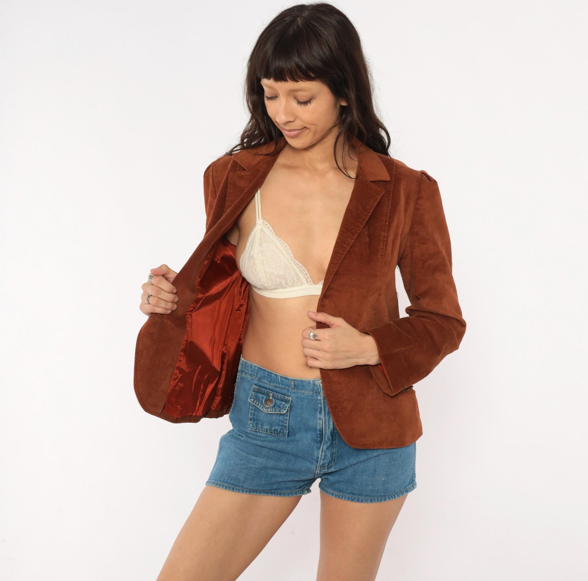 70s Brown Velvet Blazer Single Button Puff Shoulder Fitted Jacket Small