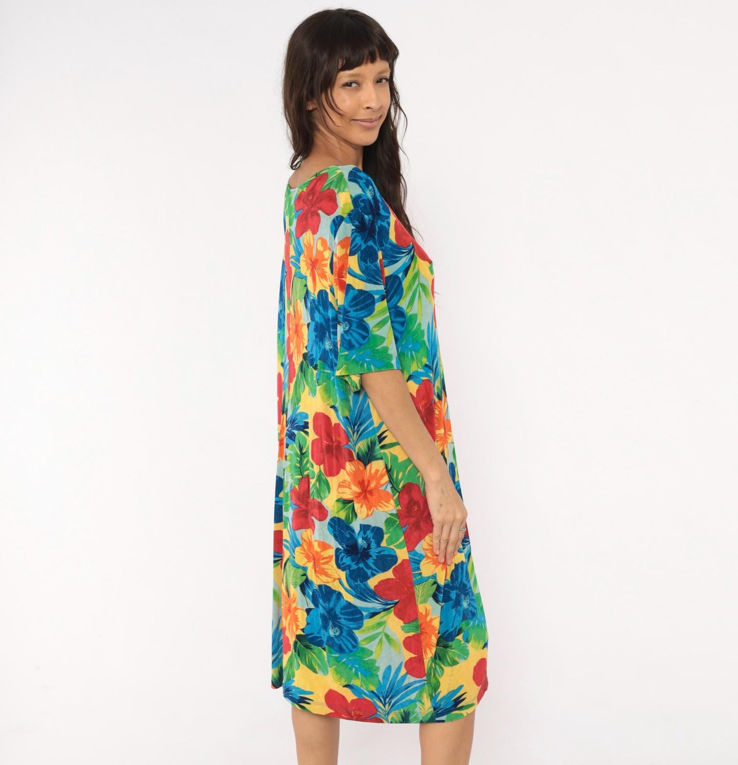 90s Slinky Brand Tropical Hibiscus Dress Scoop Neck Half Sleeve Plus Size XXL