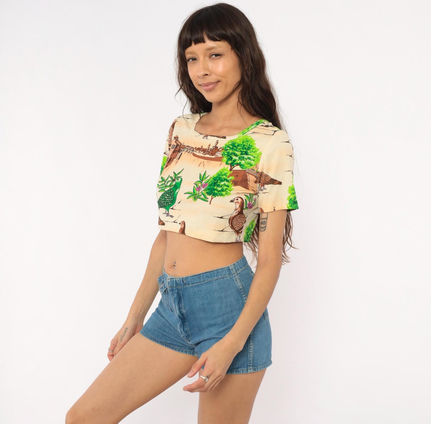 70s Pigeon Crop Top Novelty Bird Print Scoop Neck Fitted Small