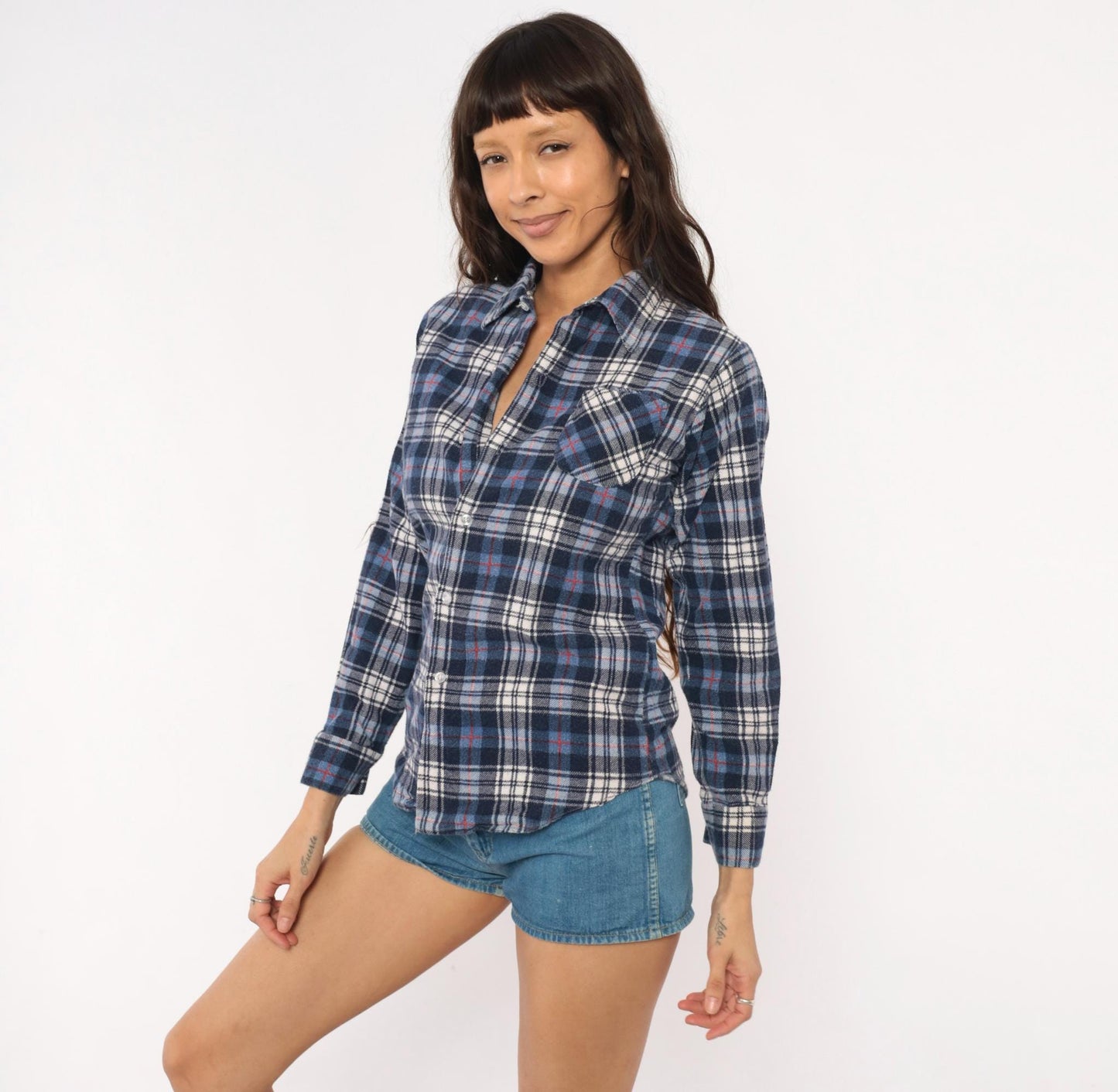 80s JC Penney Navy Plaid Flannel Shirt Cotton Button-Up XS
