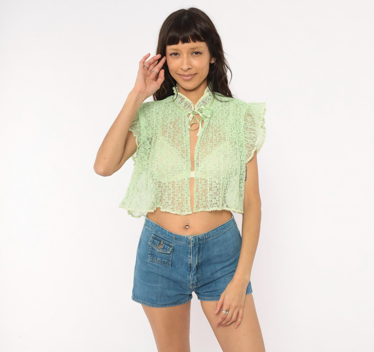 70s Mint Green Lace Crop Top Floral Sheer Ruffle Collar Small