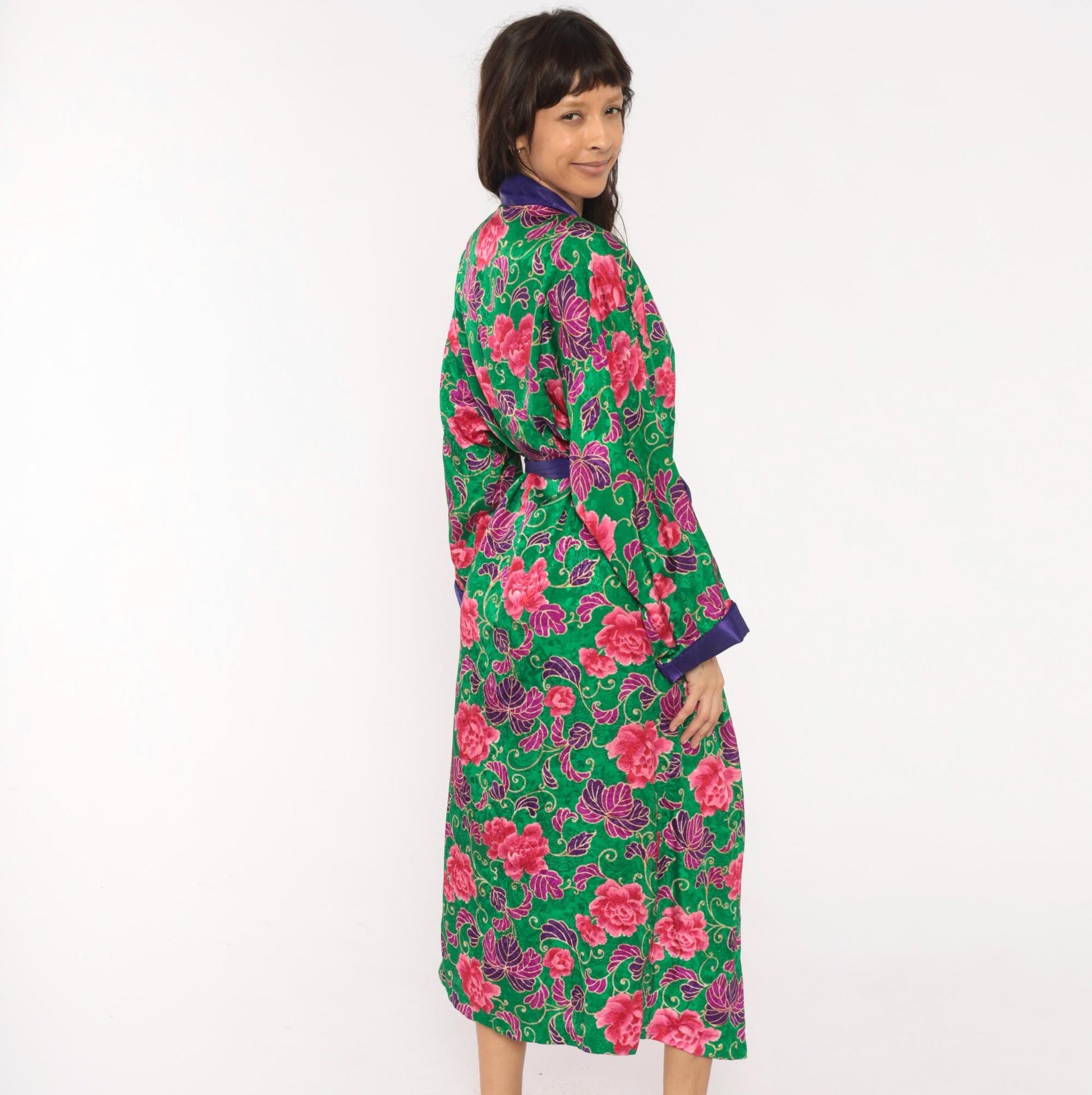 90s Victoria's Secret Green Floral Kimono Robe Satin Trim Medium Large