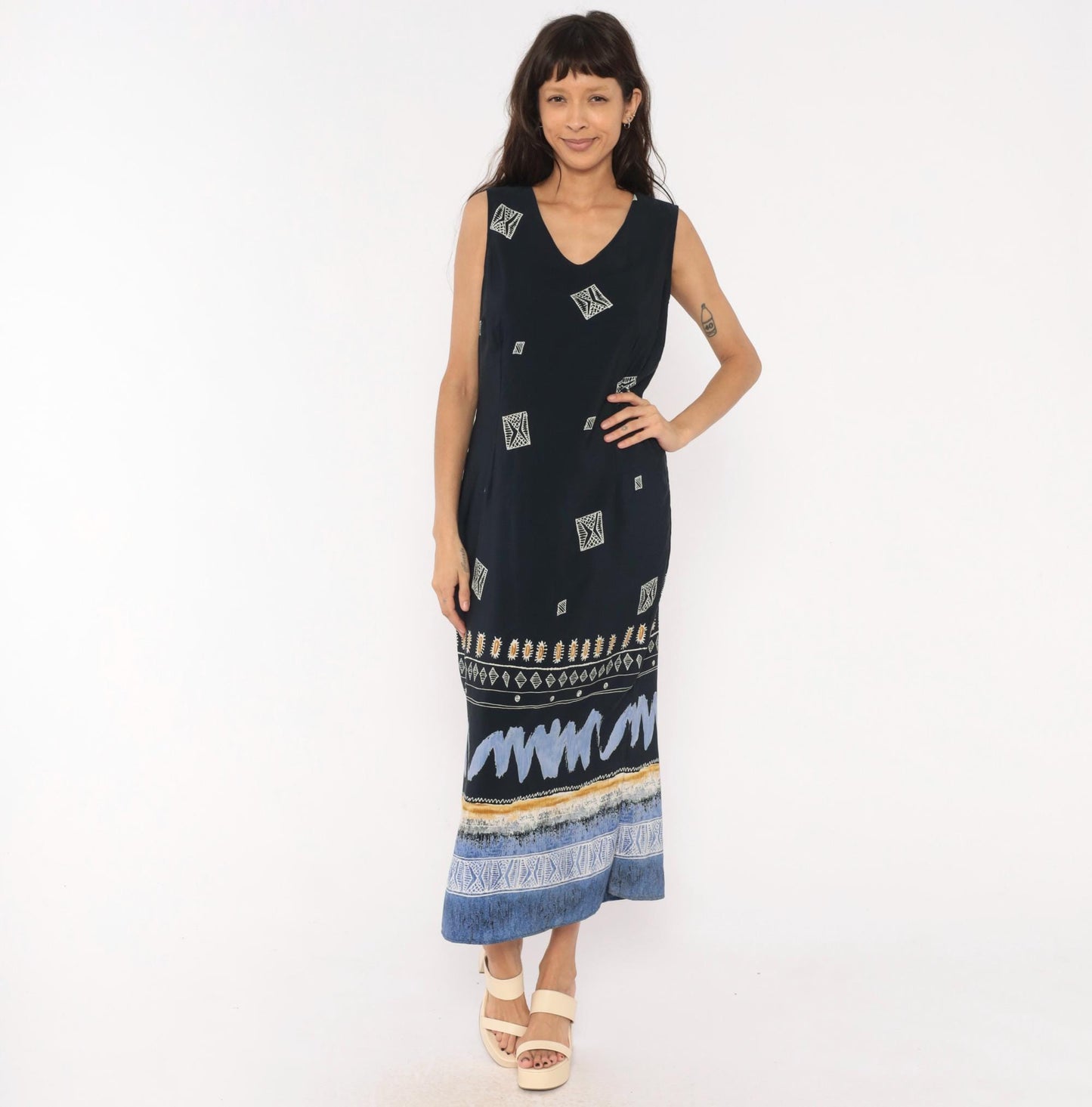 90s Dress Barn Navy Maxi Dress Geometric Tribal Border Sleeveless Large L