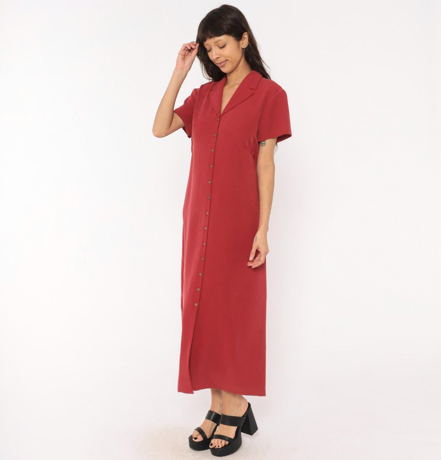 90s Liz Claiborne Burgundy Maxi Shirtdress Notched Collar Button Front Extra Large