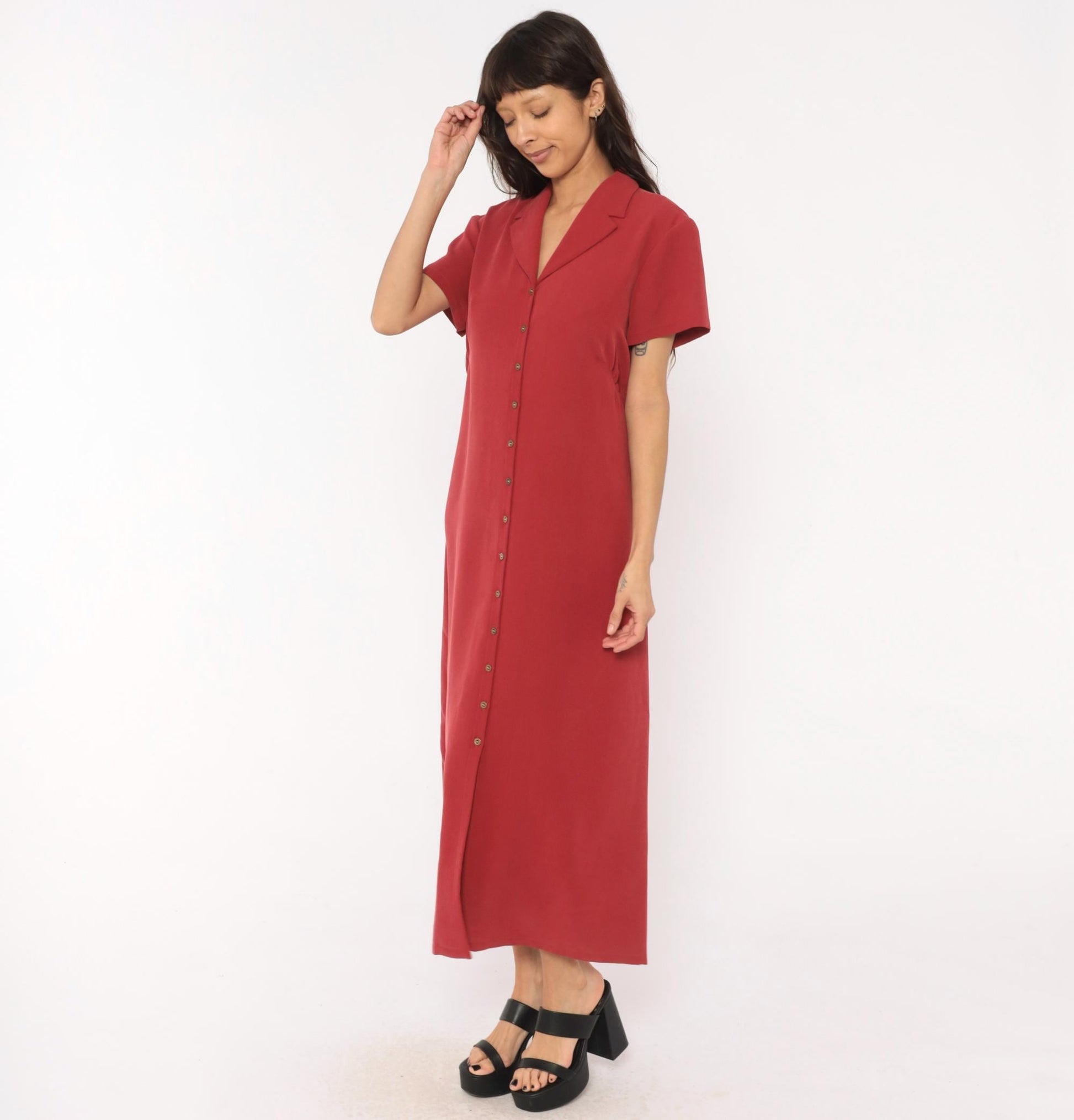 90s Liz Claiborne Burgundy Maxi Shirtdress Notched Collar Button Front Extra Large