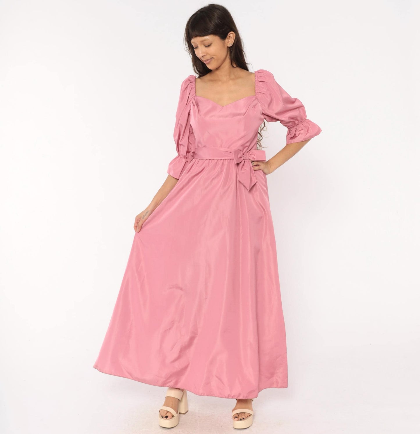 80s Rose Pink Maxi Gown Sweetheart Puff Sleeve Bow Belt Small