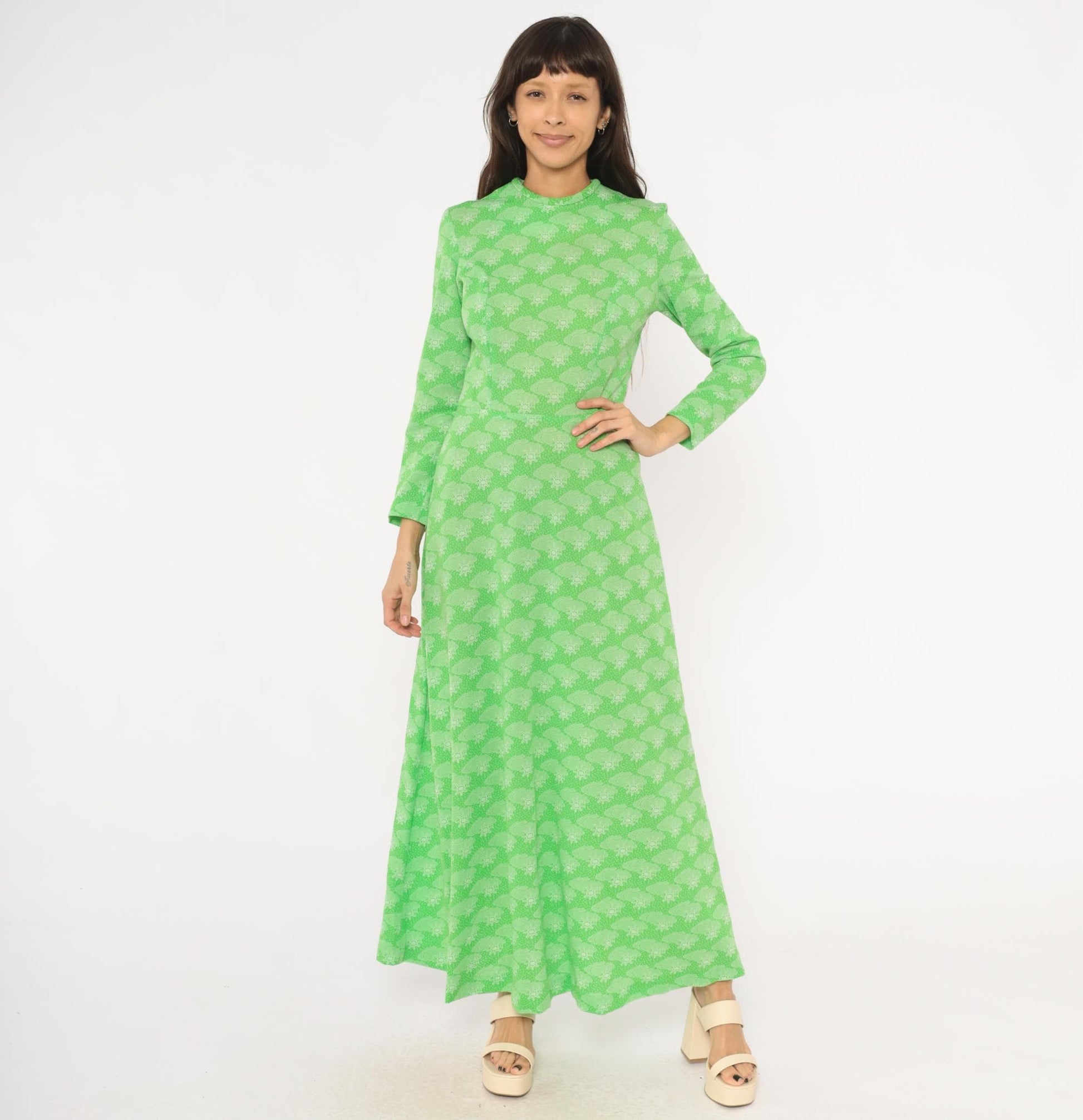70s Green Maxi Dress Sun Cloud Print Long Sleeve Knit Small