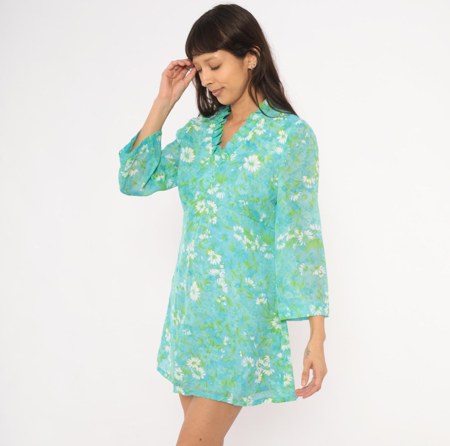 70s Daisy Floral Mini Dress Aqua Bell Sleeve A-Line Large L
