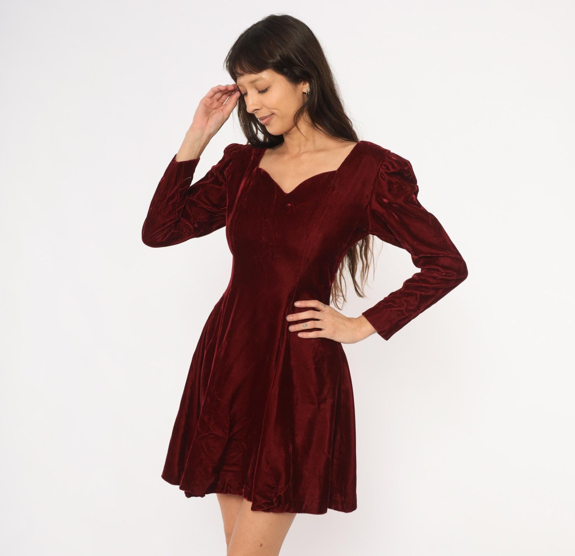 90s Perspective Burgundy Velvet Mini Dress Sweetheart Neckline Puff Sleeve Small S