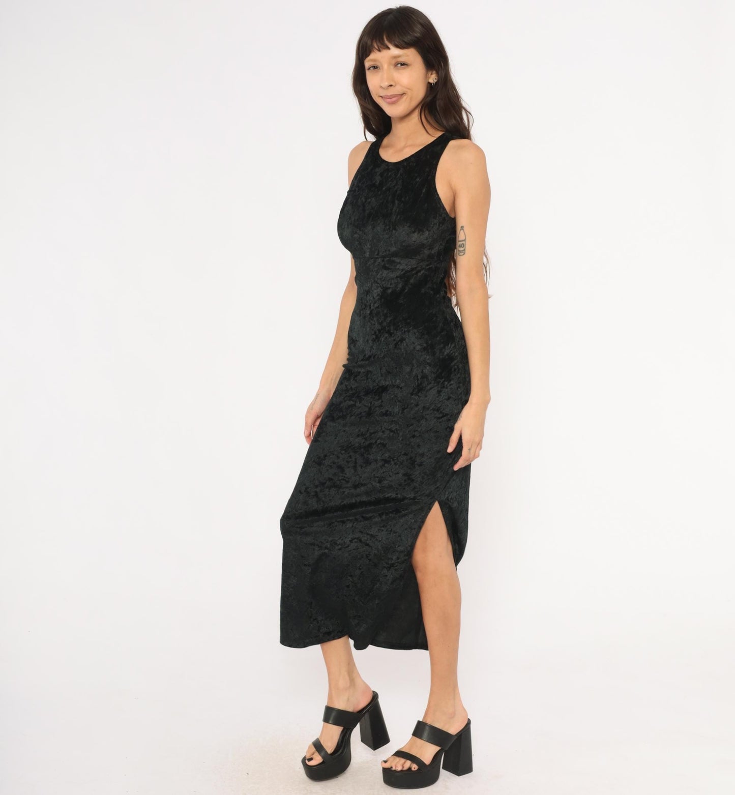 90s Hana Black Crushed Velvet Maxi Dress Sleeveless Scoop Neck Small S