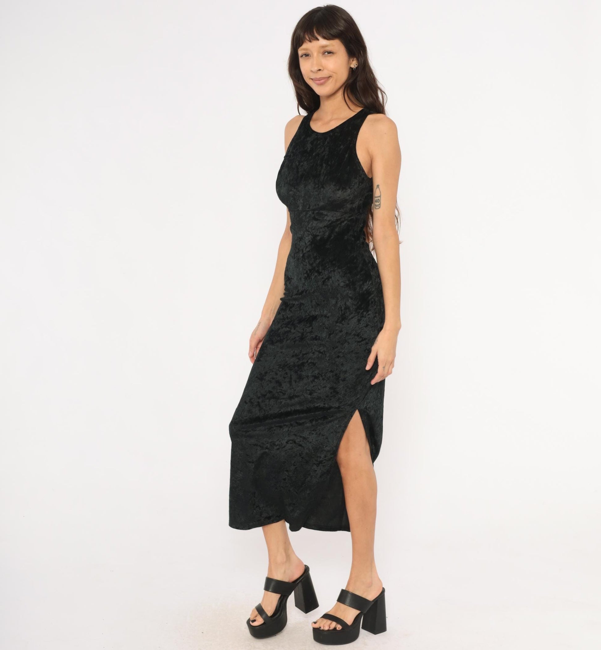 90s Hana Black Crushed Velvet Maxi Dress Sleeveless Scoop Neck Small S