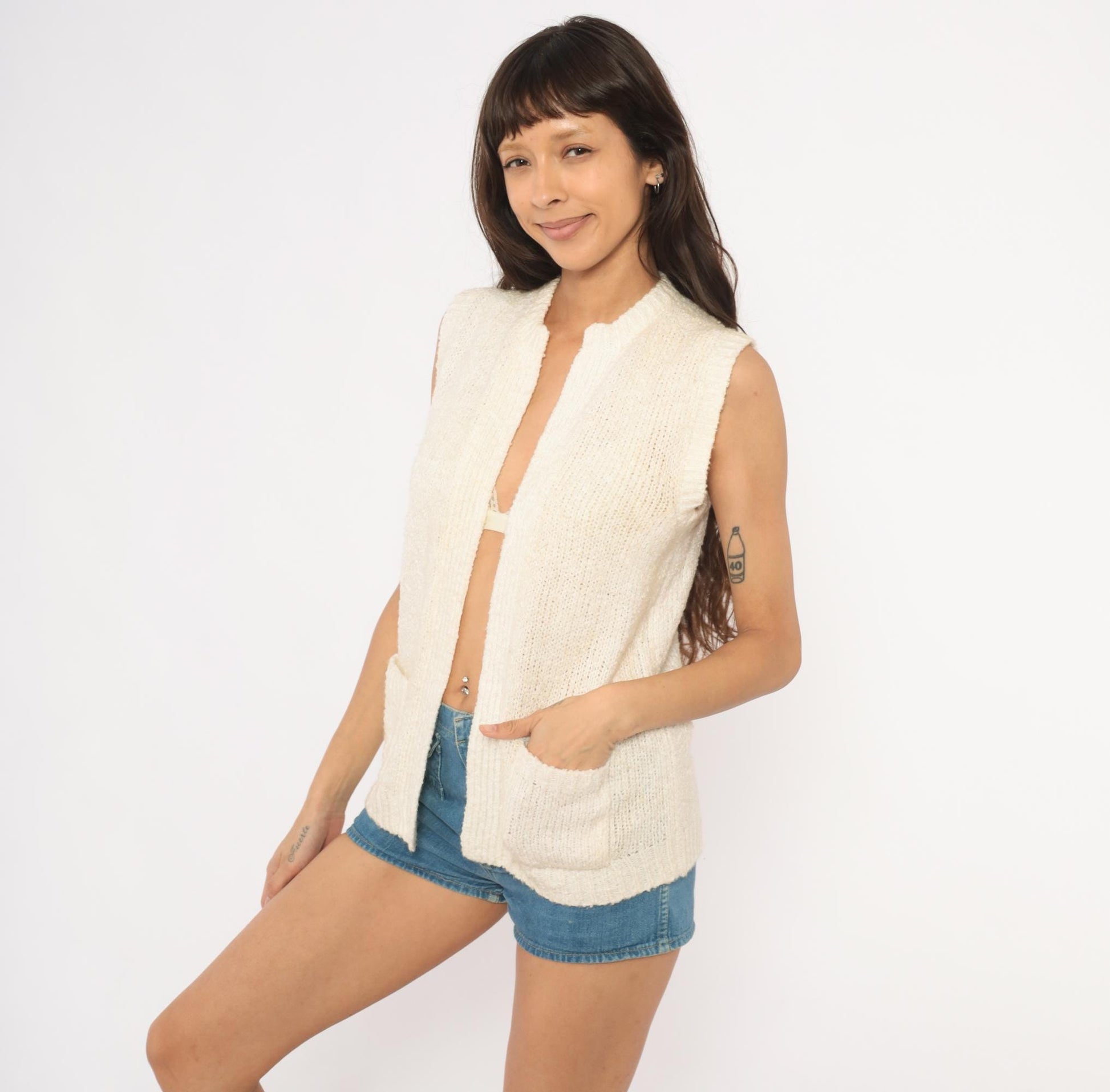 80s Moneta Cream Knit Sweater Vest Patch Pocket Cardigan Small