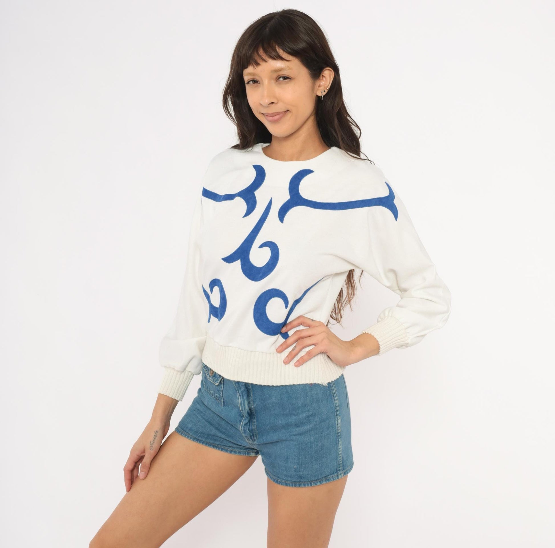80s Leslie Fay White Cobalt Appliqué Sweatshirt Cropped Balloon Sleeve Extra Small XS