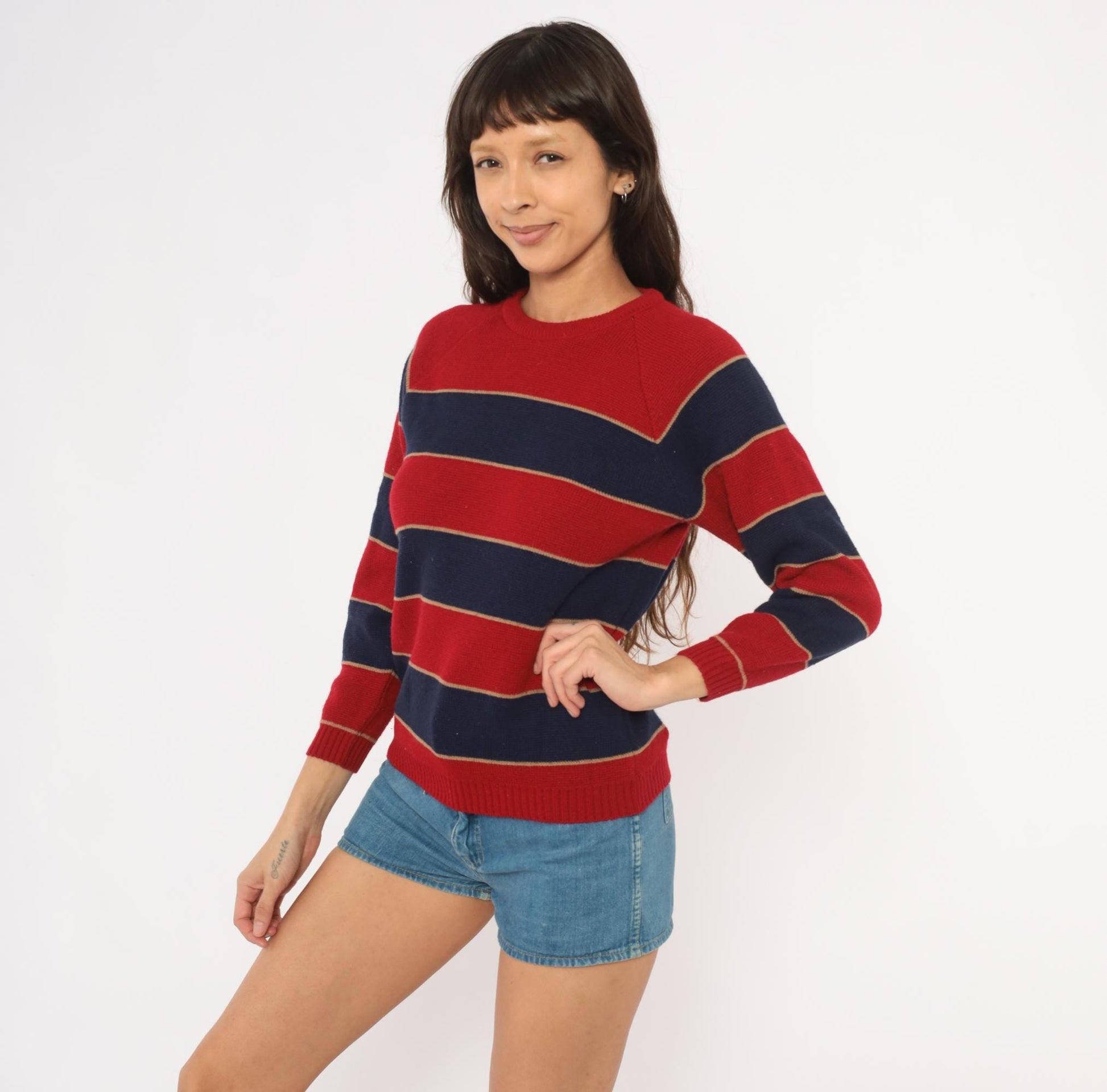 80s Striped Raglan Pullover Sweater Red Navy Burgundy Knit Small