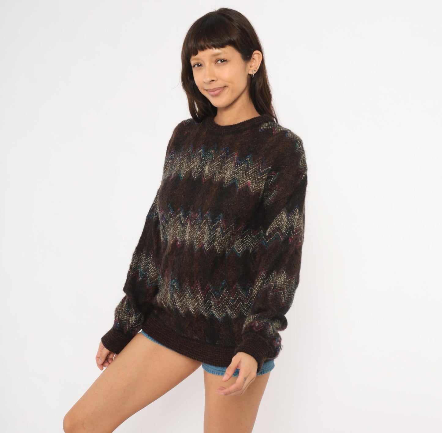 80s Croft & Barrow Chevron Zigzag Wool Pullover Dark Brown Small