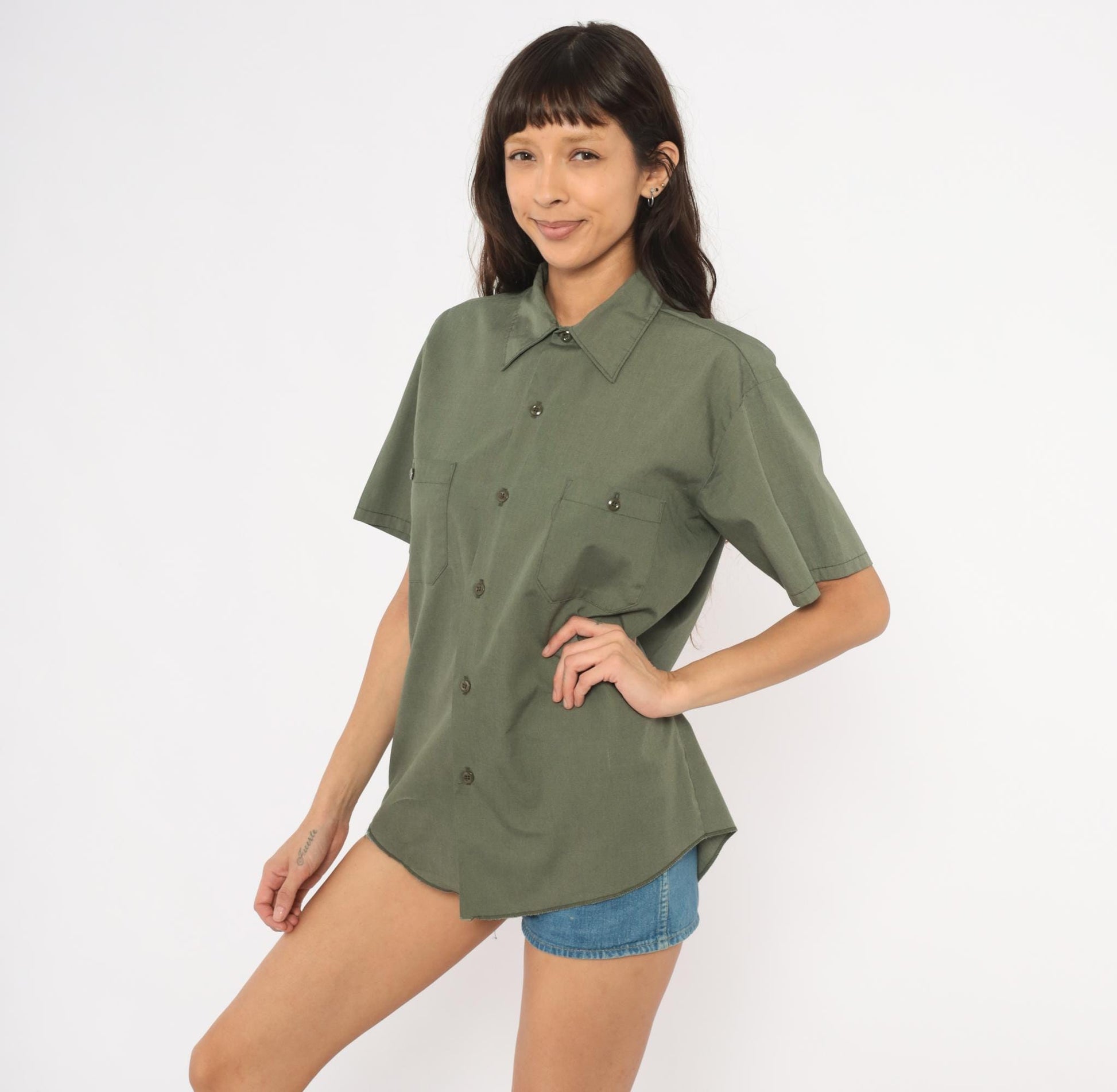 70s Sears Olive Work Shirt Pointed Collar Short Sleeve Utility Blouse Medium M
