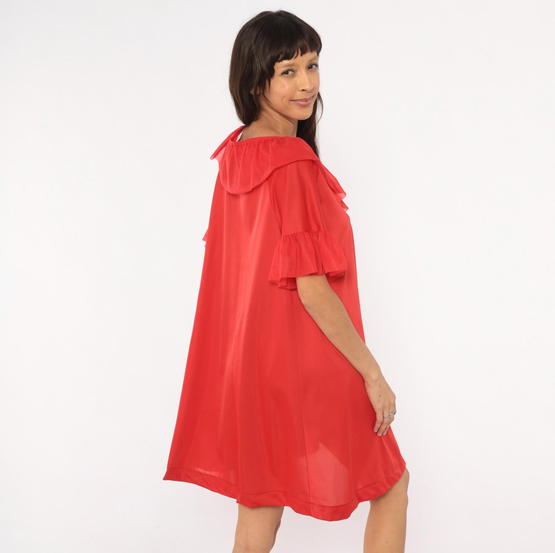 70s Le Voys Red Peignoir Robe Sheer Ruffle Collar Flutter Sleeve Medium
