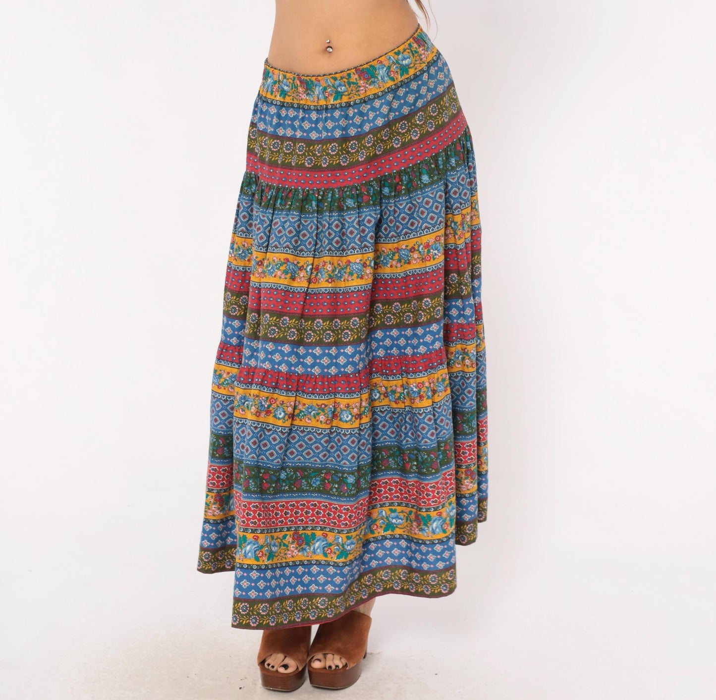 80s Anne Marie Patchwork Tiered Maxi Skirt Floral Striped Cotton Medium M