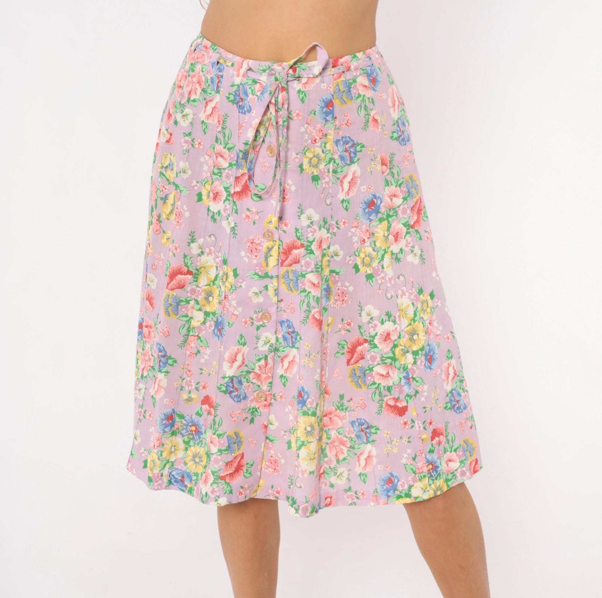 80s Lilac Floral Pleated Skirt Button Front Knee Length Cotton Small
