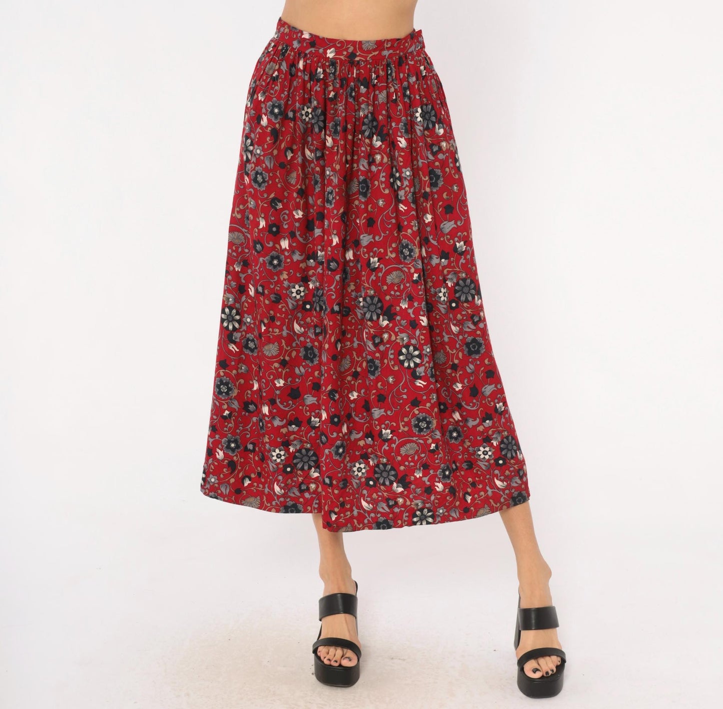 80s David Brooks Floral Midi Skirt Crimson Botanical Gathered Waist Small