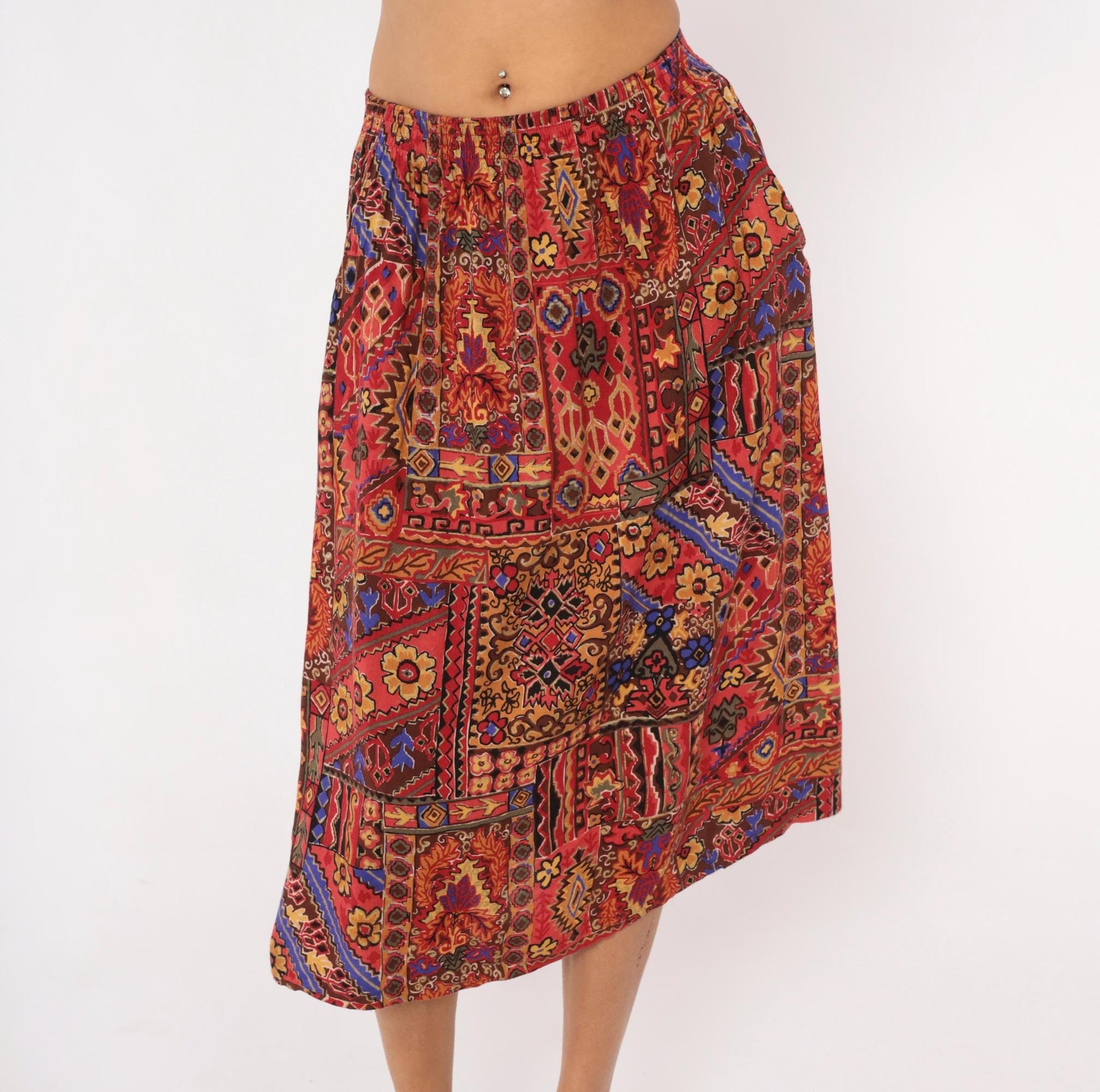 90s Block Island Patchwork Midi Skirt Kilim Print Red Burgundy Small