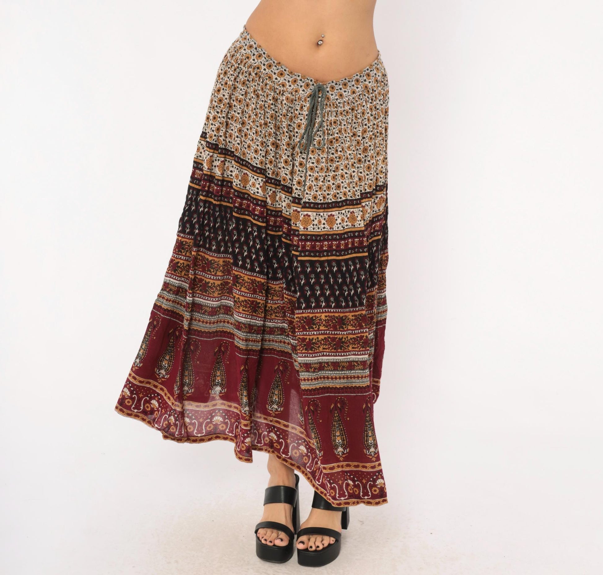 90s Sag Harbor Indian Block Print Maxi Skirt Burgundy Paisley Drawstring Large L
