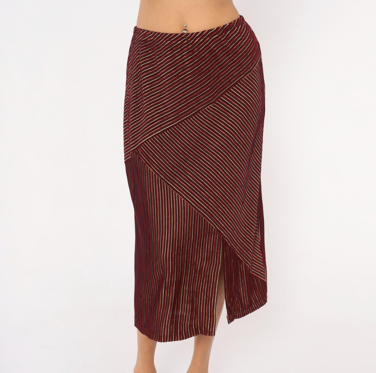 80s Gail Morgado Burgundy Pinstripe Midi Skirt Chevron Panel Small