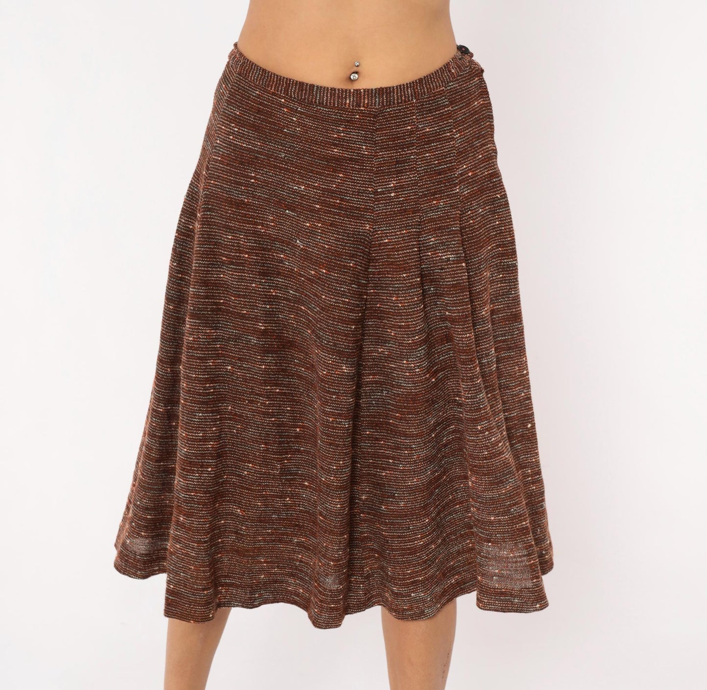 70s Brown Tweed Knit A-Line Midi Skirt Speckled Earth Tone Small