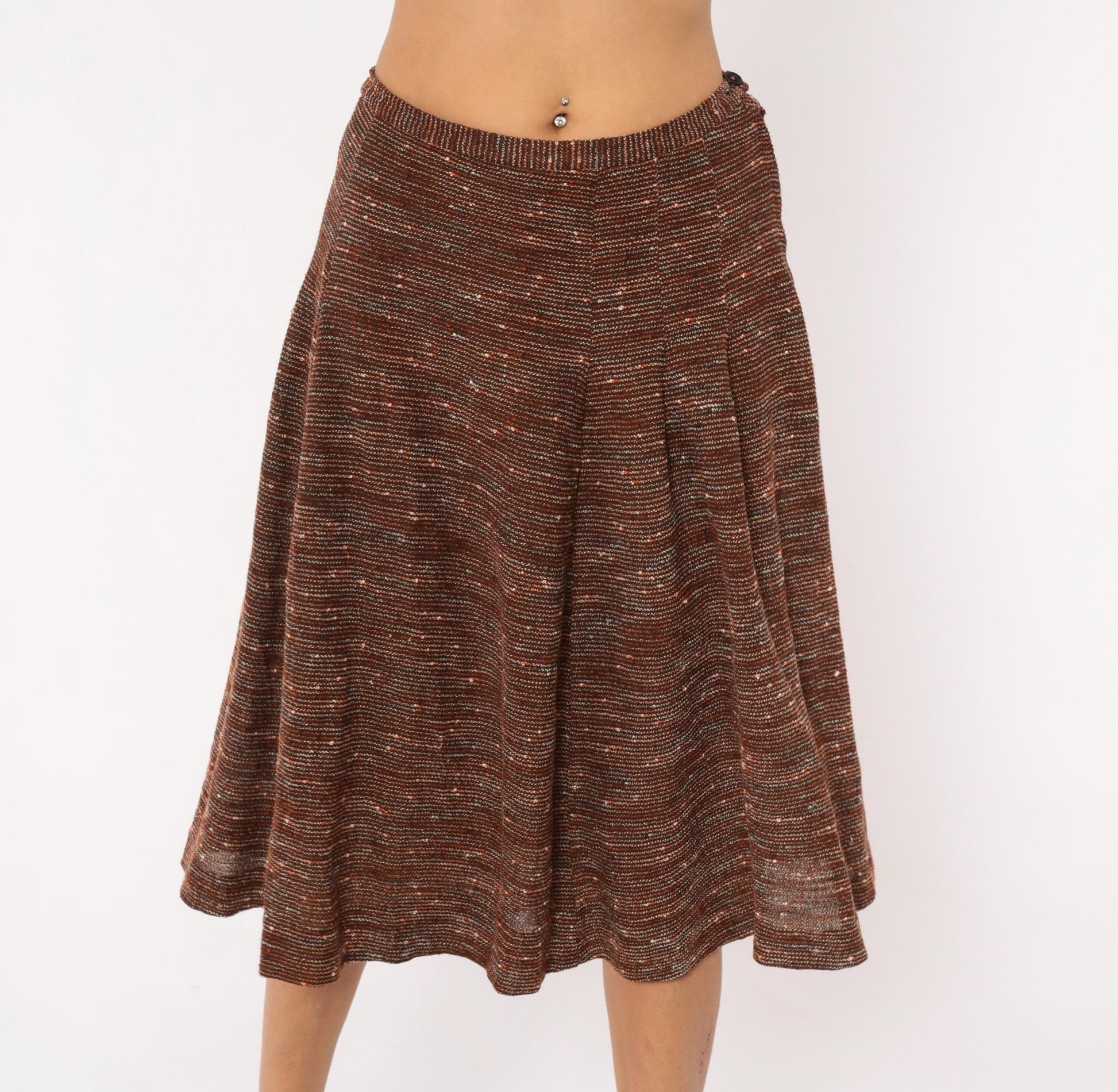 70s Brown Tweed Knit A-Line Midi Skirt Speckled Earth Tone Small