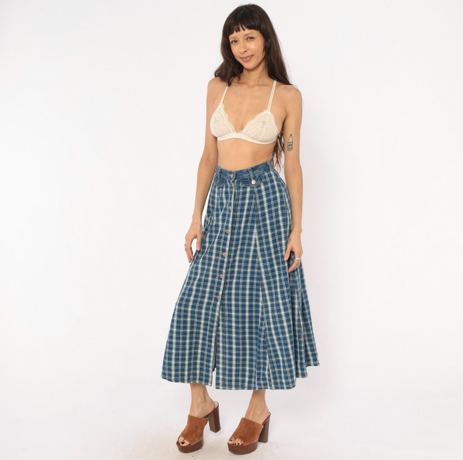 90s Outlaw Blue Plaid Cotton Midi Skirt Button Front XS