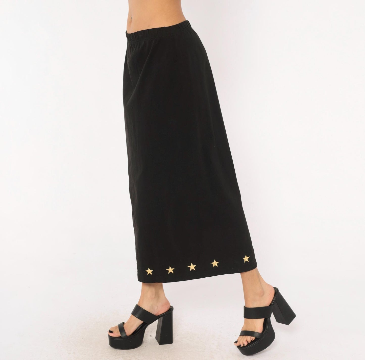 90s Quacker Factory Black Midi Skirt Gold Star Embroidered Medium M