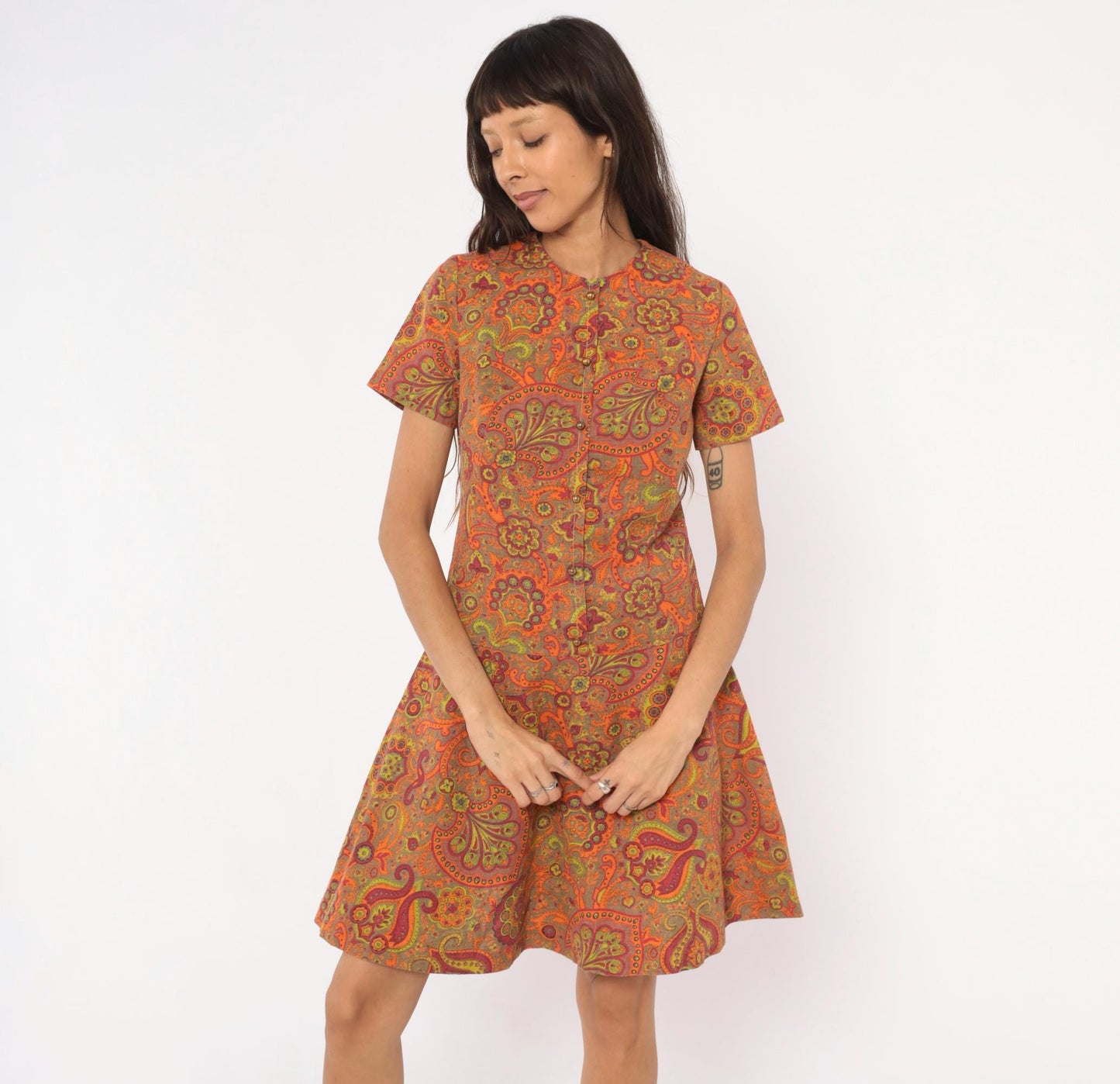 60s Junior West California Paisley Shift Dress Orange Cotton Small