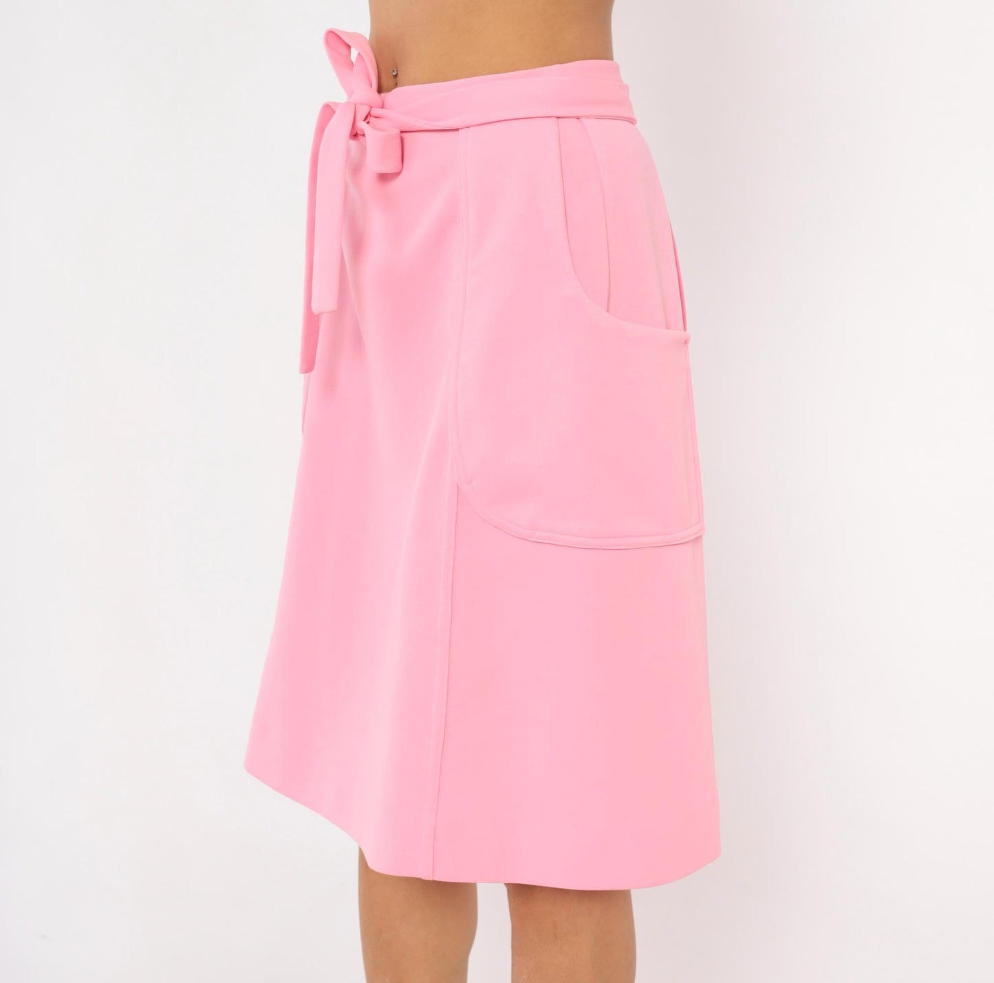 70s Bubblegum Pink Wrap Skirt Tie Waist Patch Pockets Knee-Length Medium