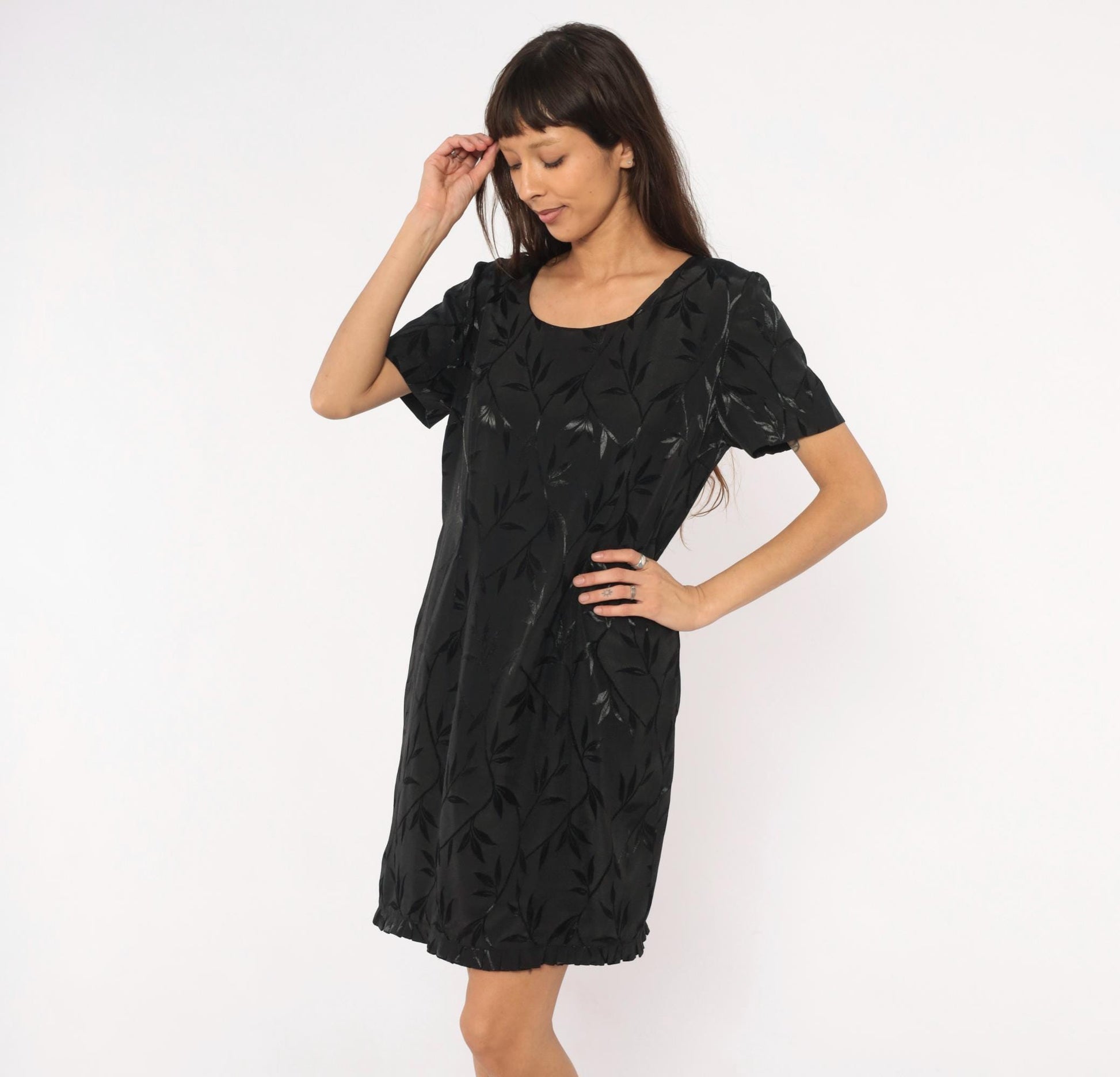 90s Giorgio Fiorlini Black Jacquard Leaf Shift Dress Scoop Neck Large L