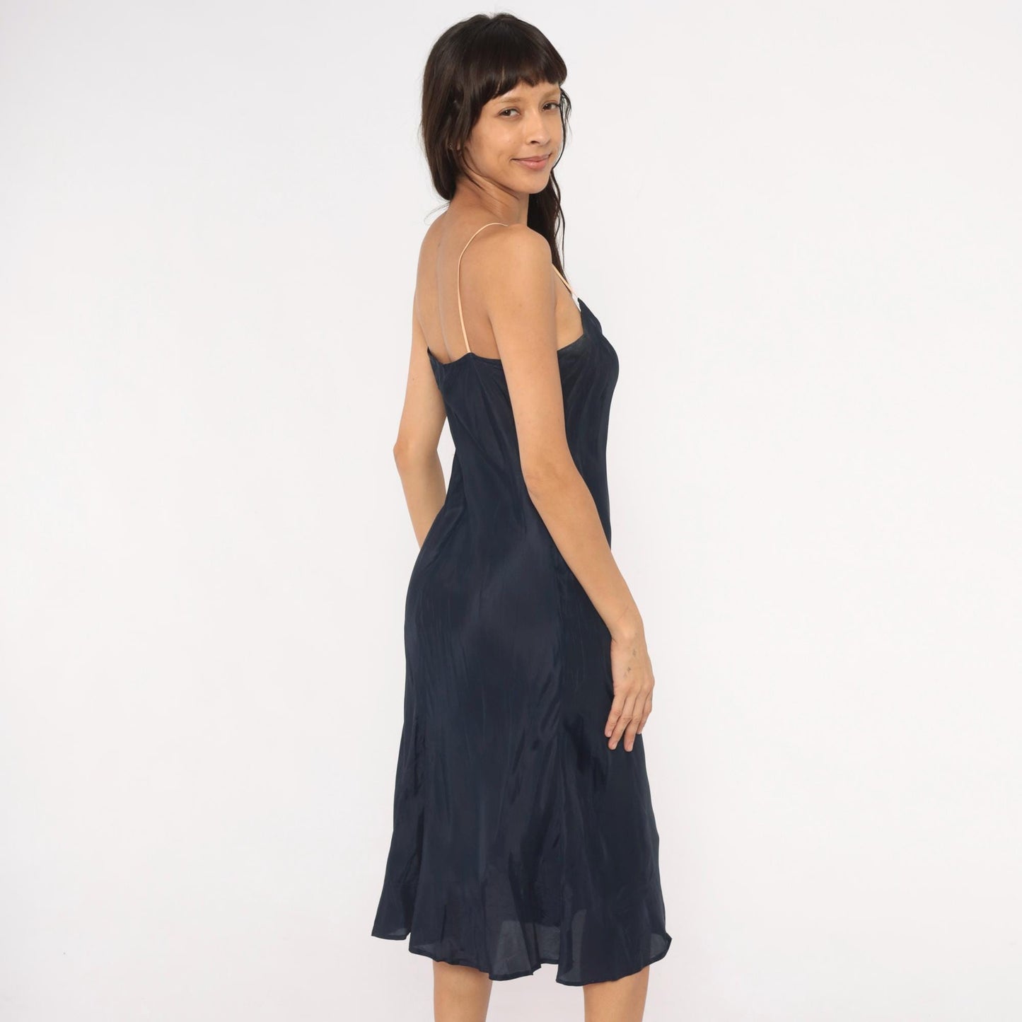 70s Navy Slip Dress Midi V-Neck Spaghetti Strap Acetate Small