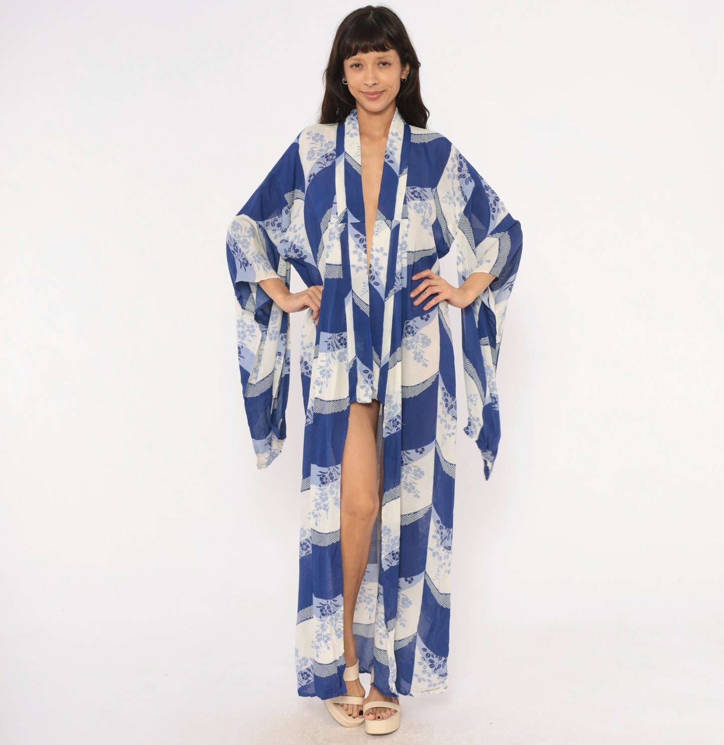 70s Japanese Kimono Robe Cobalt Blue Floral Maxi Open Front Small to Large