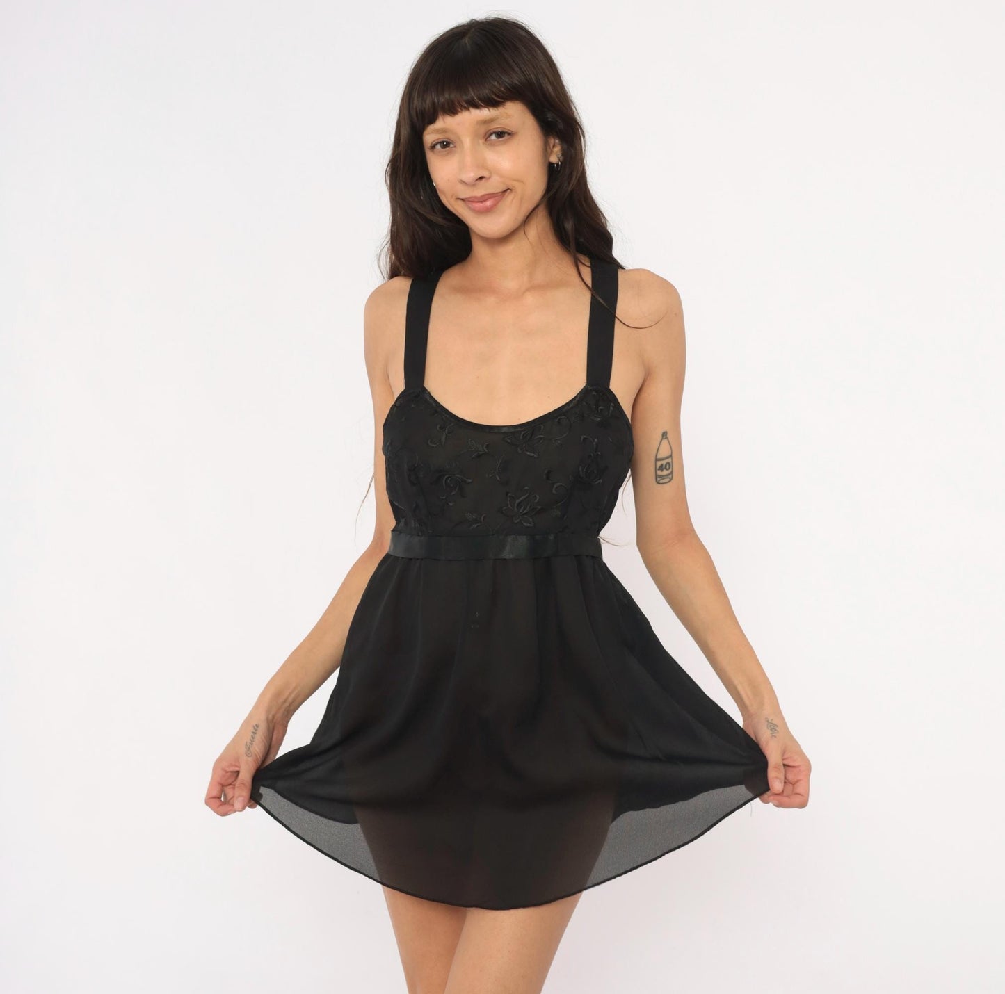 Y2K Just Flora Black Embroidered Babydoll Mini Dress Sheer Chiffon Lace Large L