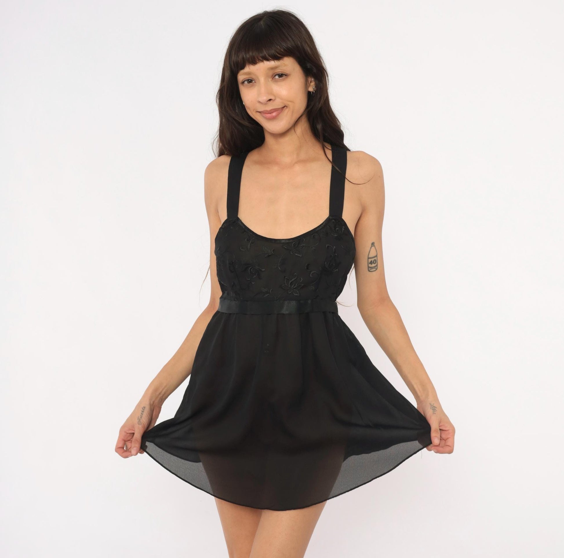 Y2K Just Flora Black Embroidered Babydoll Mini Dress Sheer Chiffon Lace Large L