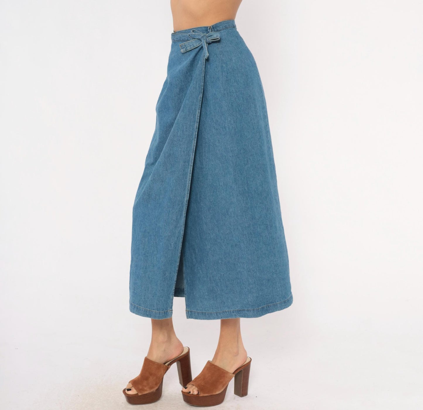 90s Founded 1989 Denim Wrap Skirt Midi Blue Chambray Cotton Extra Small