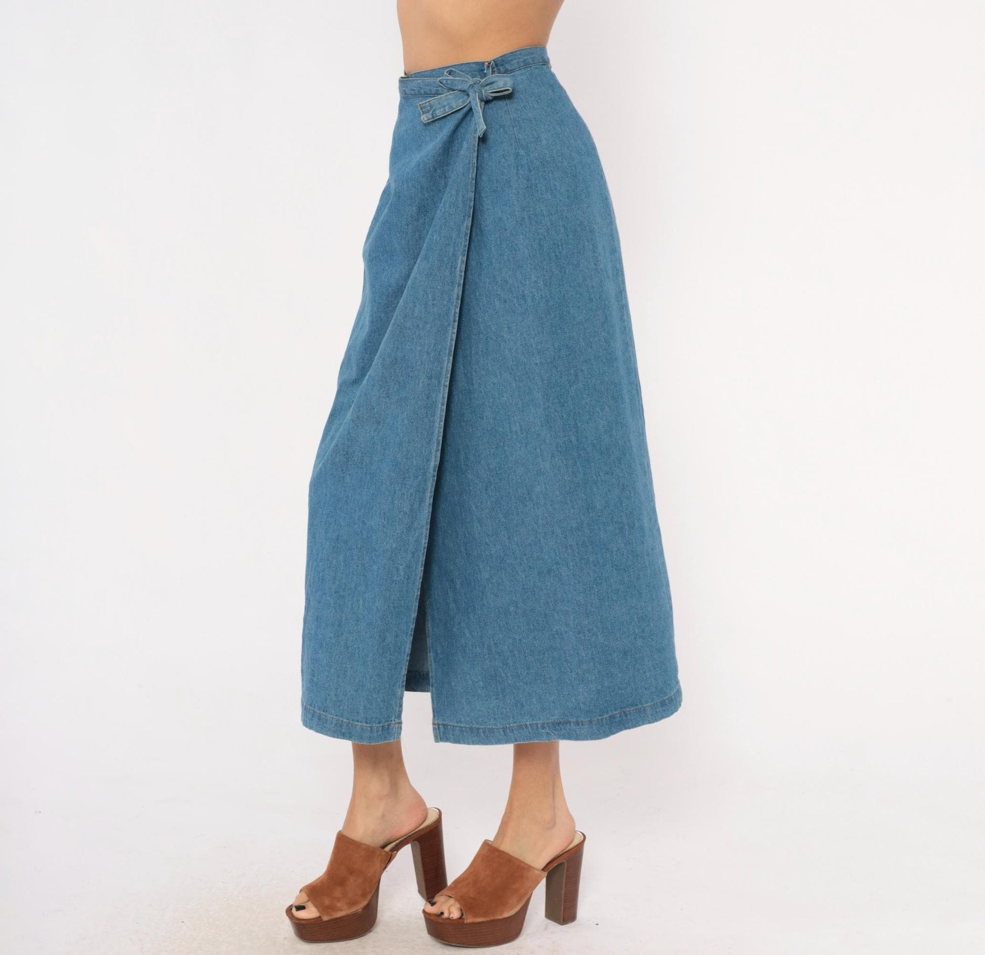 90s Founded 1989 Denim Wrap Skirt Midi Blue Chambray Cotton Extra Small