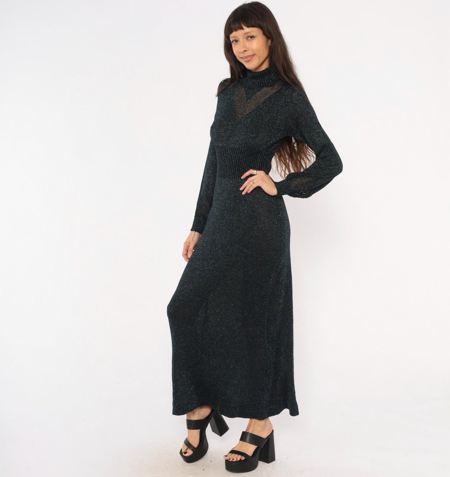 70s Wenjilli Navy Lurex Knit Maxi Dress Metallic Chevron Panel Bishop Sleeve Small