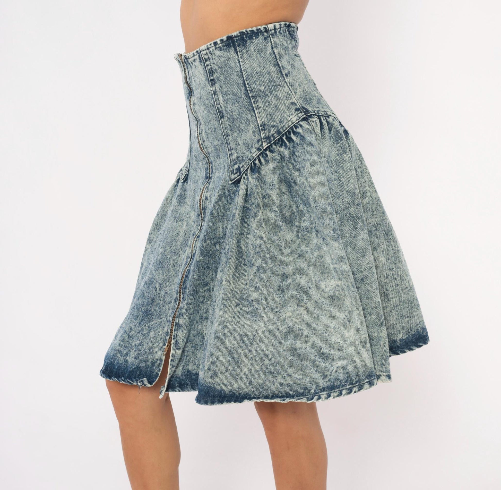 90s Weathered Blues Acid Wash Denim Skirt High Waist A-Line Small S