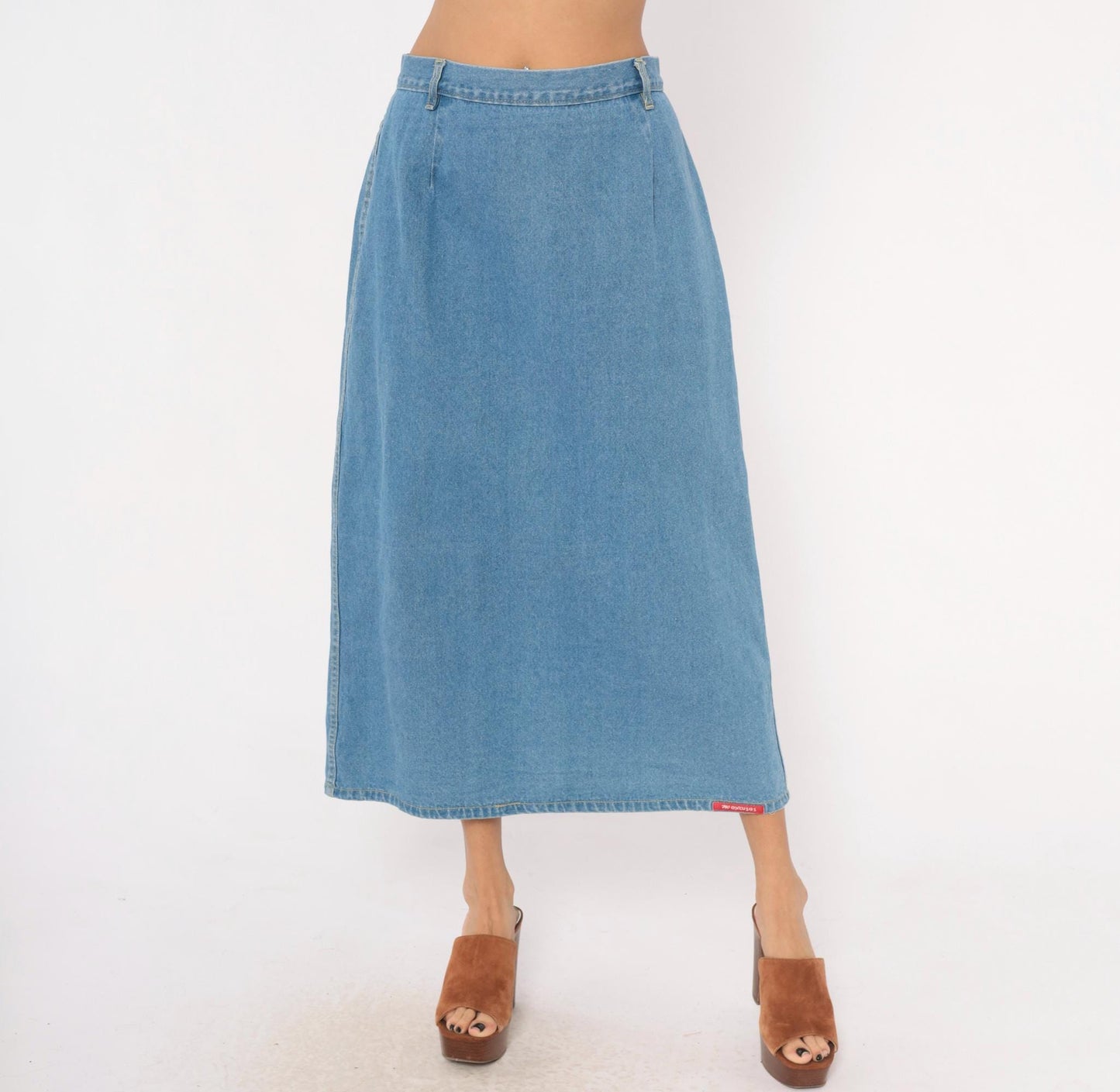 90s No Excuses Denim Maxi Skirt Light Blue A-Line High Waist Cotton Large L