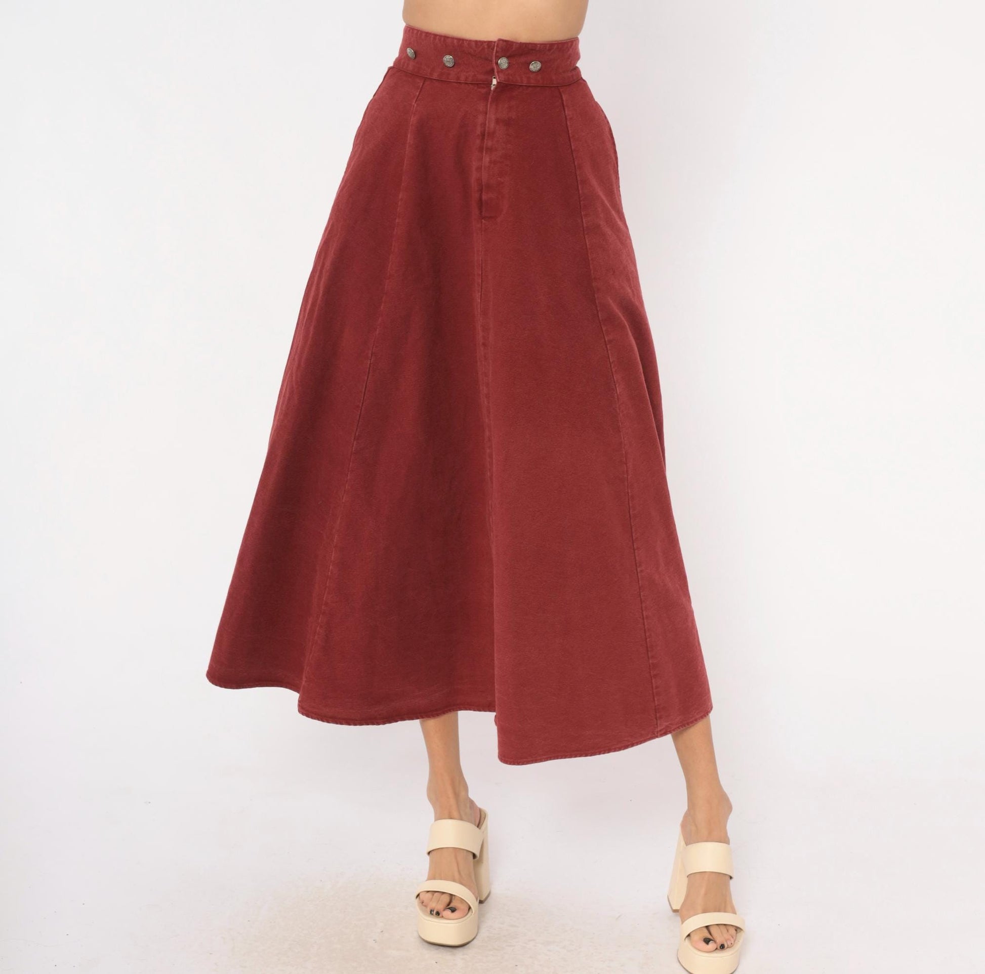 90s Miller Stockman Burgundy Cotton Circle Skirt High Waist Midi Extra Small XS