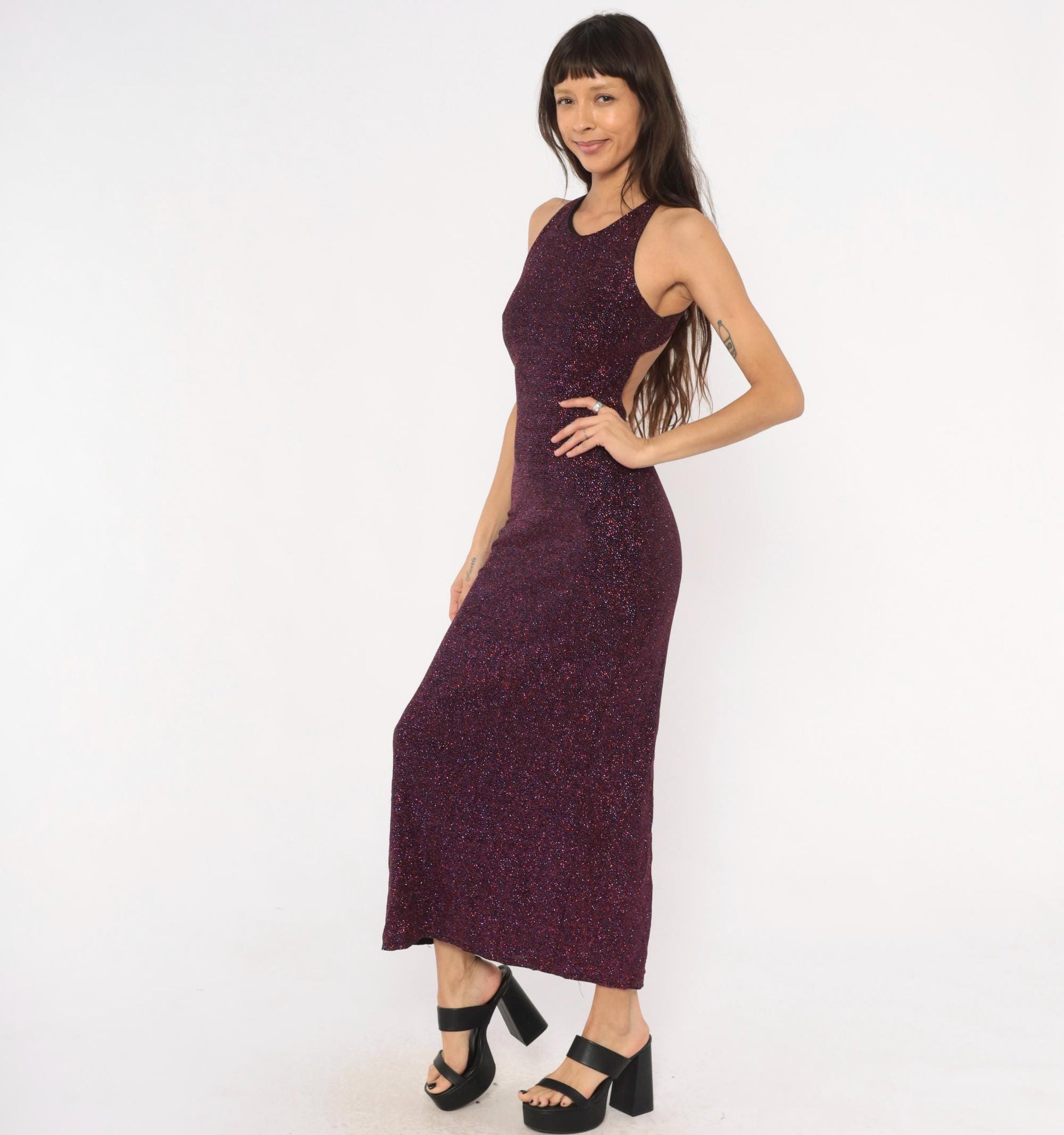90s Jump Glitter Halter Maxi Dress Plum Purple Open Back Small S